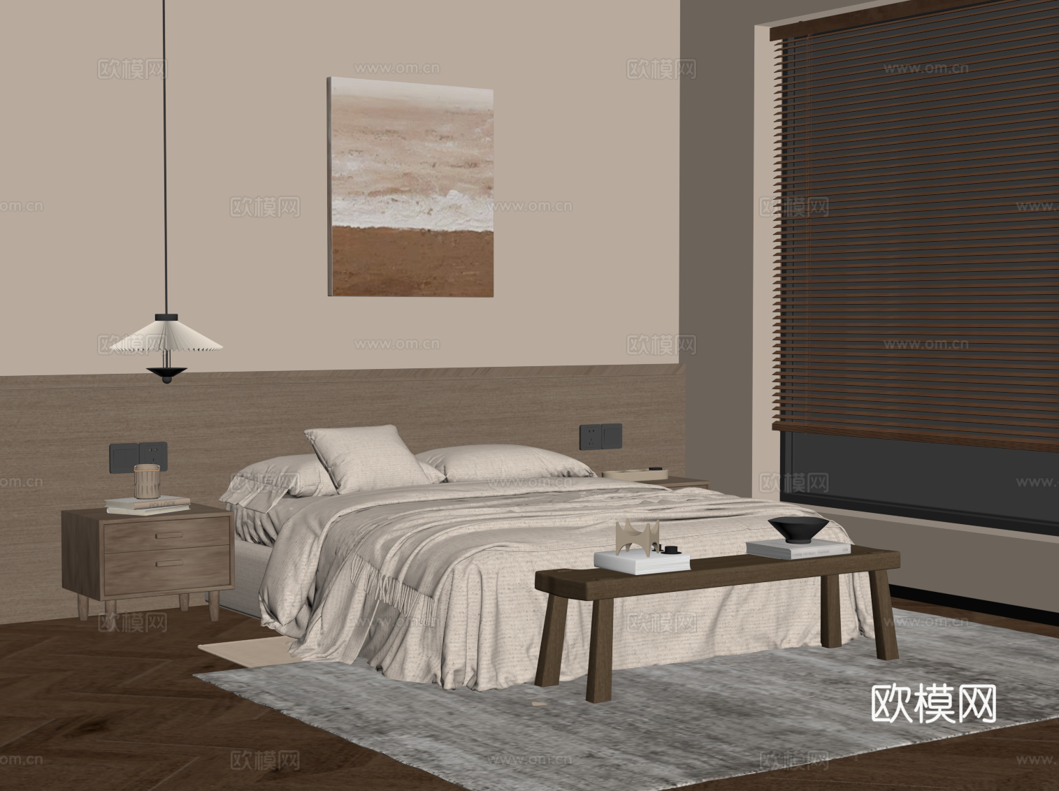 中古风卧室 双人床 墙裙 床头背景su模型