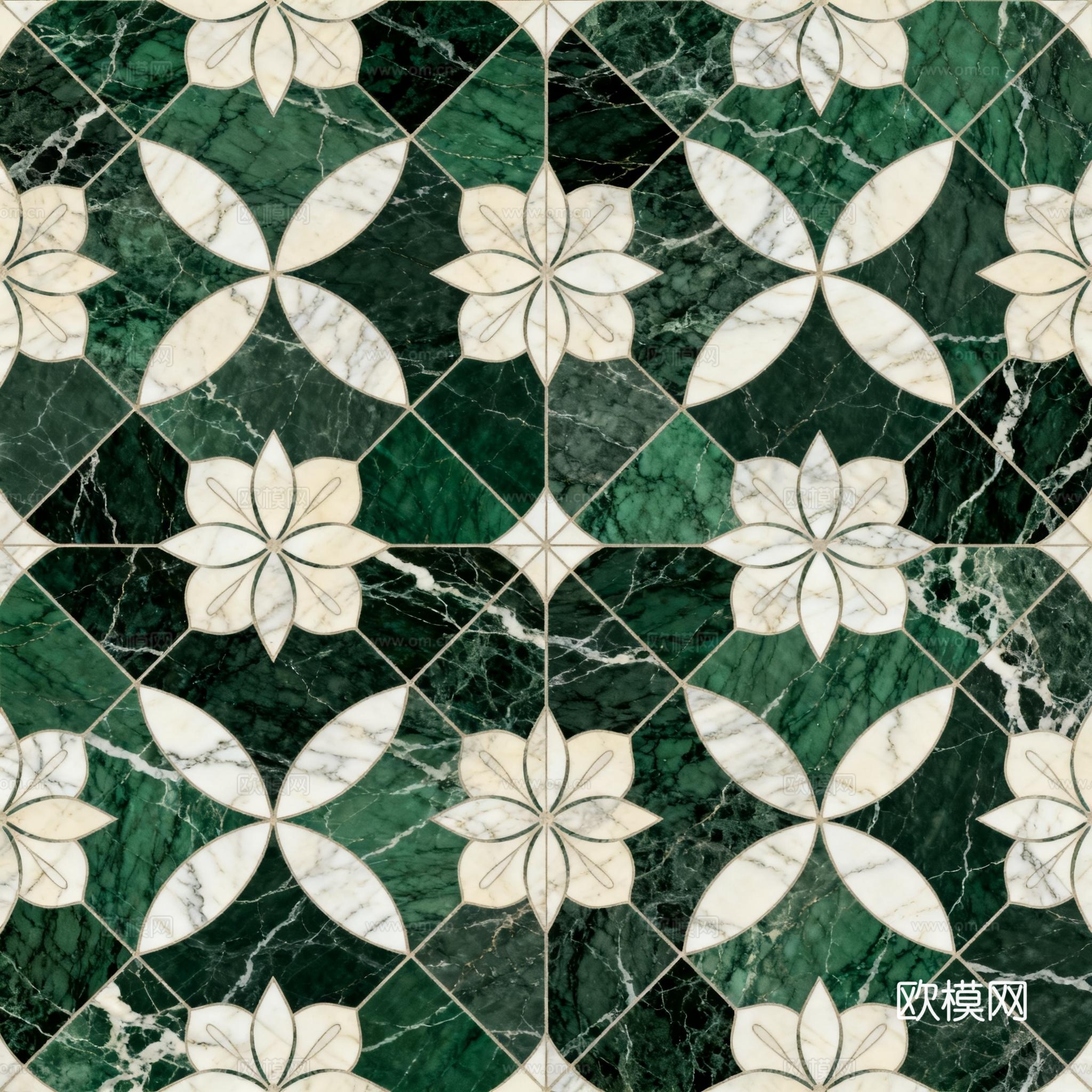 绿白色石材拼花 花卉图案水切刀拼花石材 绿色石材拼花马赛克