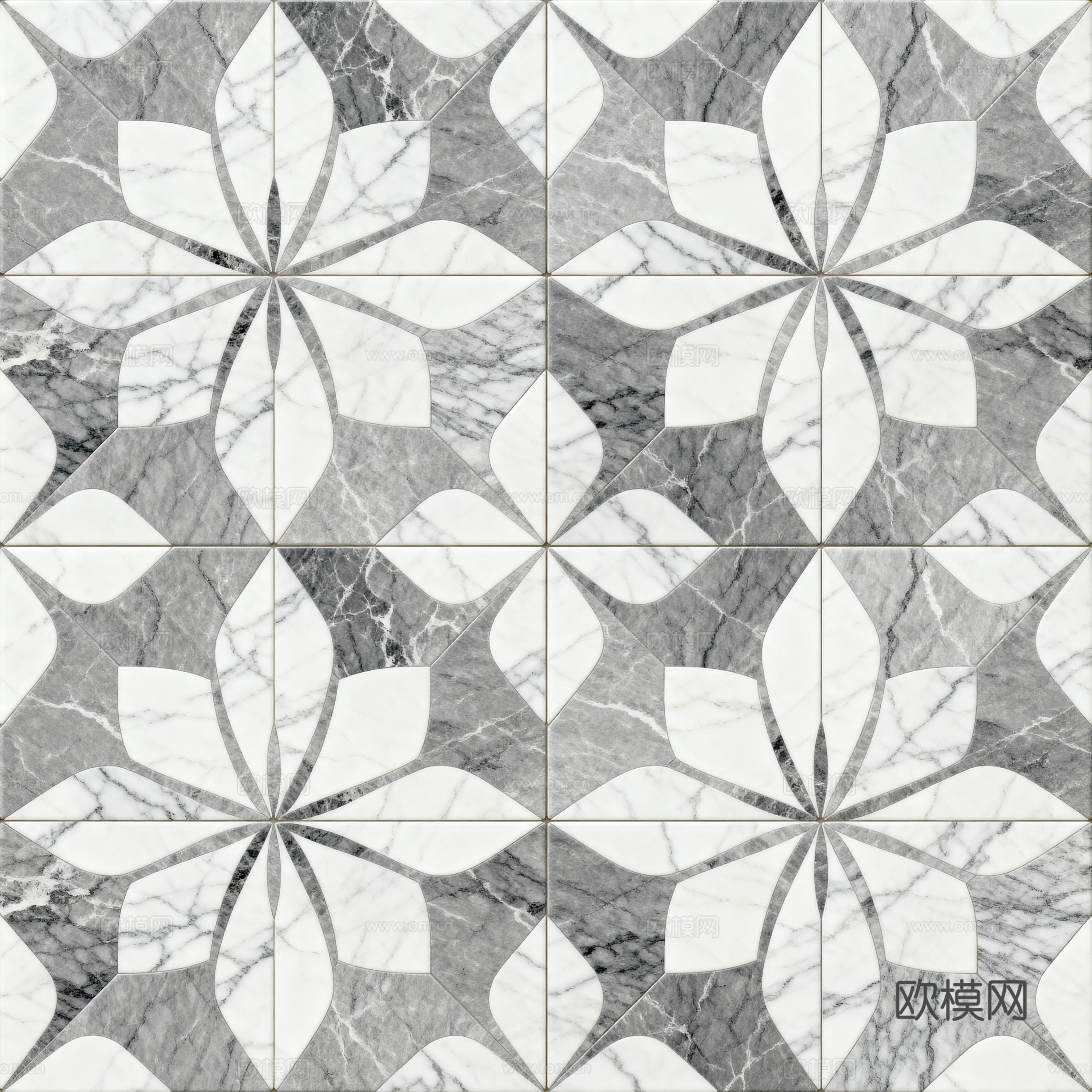 灰白石材拼花 花卉几何图案水刀切拼花地砖 轻奢灰白拼花大理石