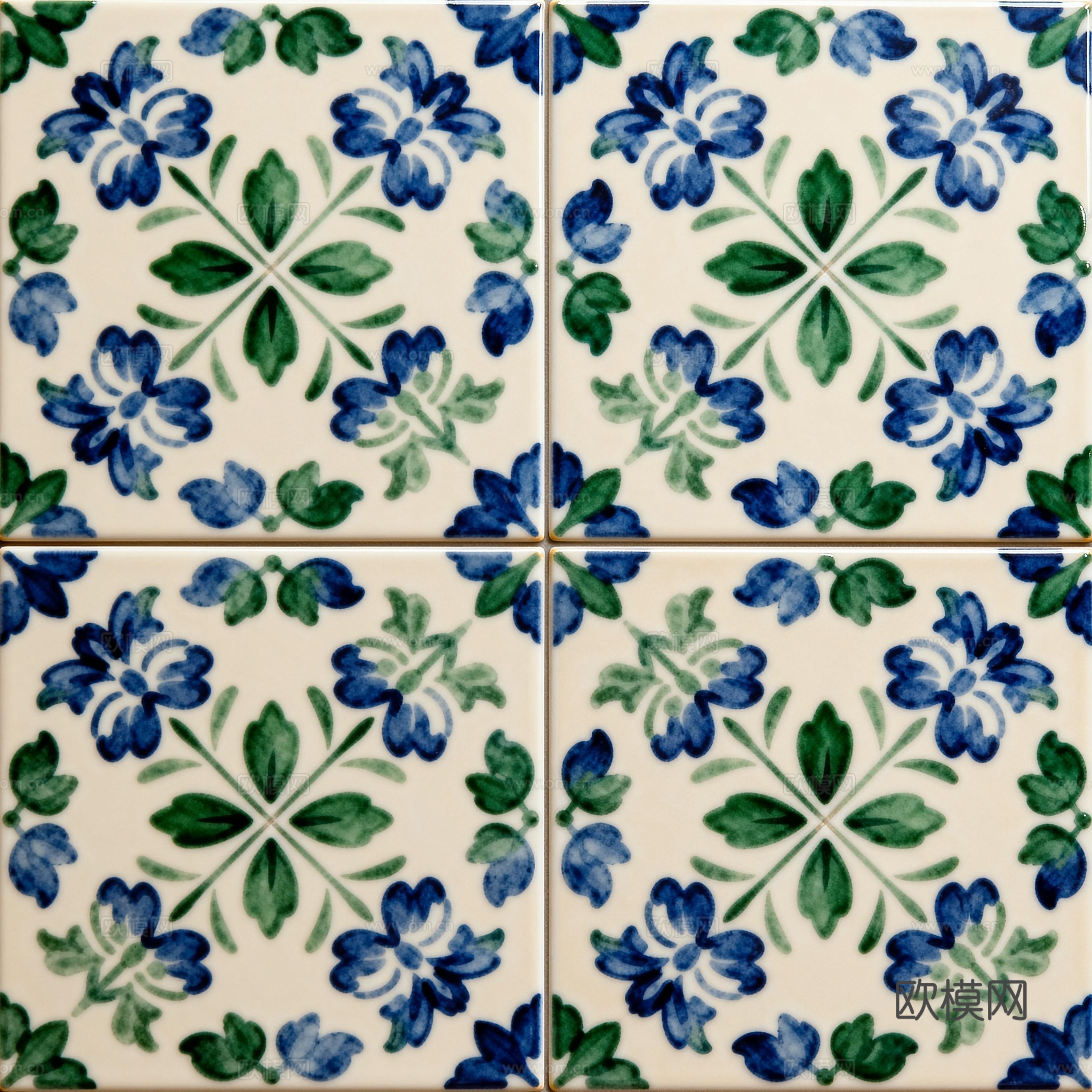 田园风 蓝绿色花砖 绿色手绘艺术花砖 工艺砖