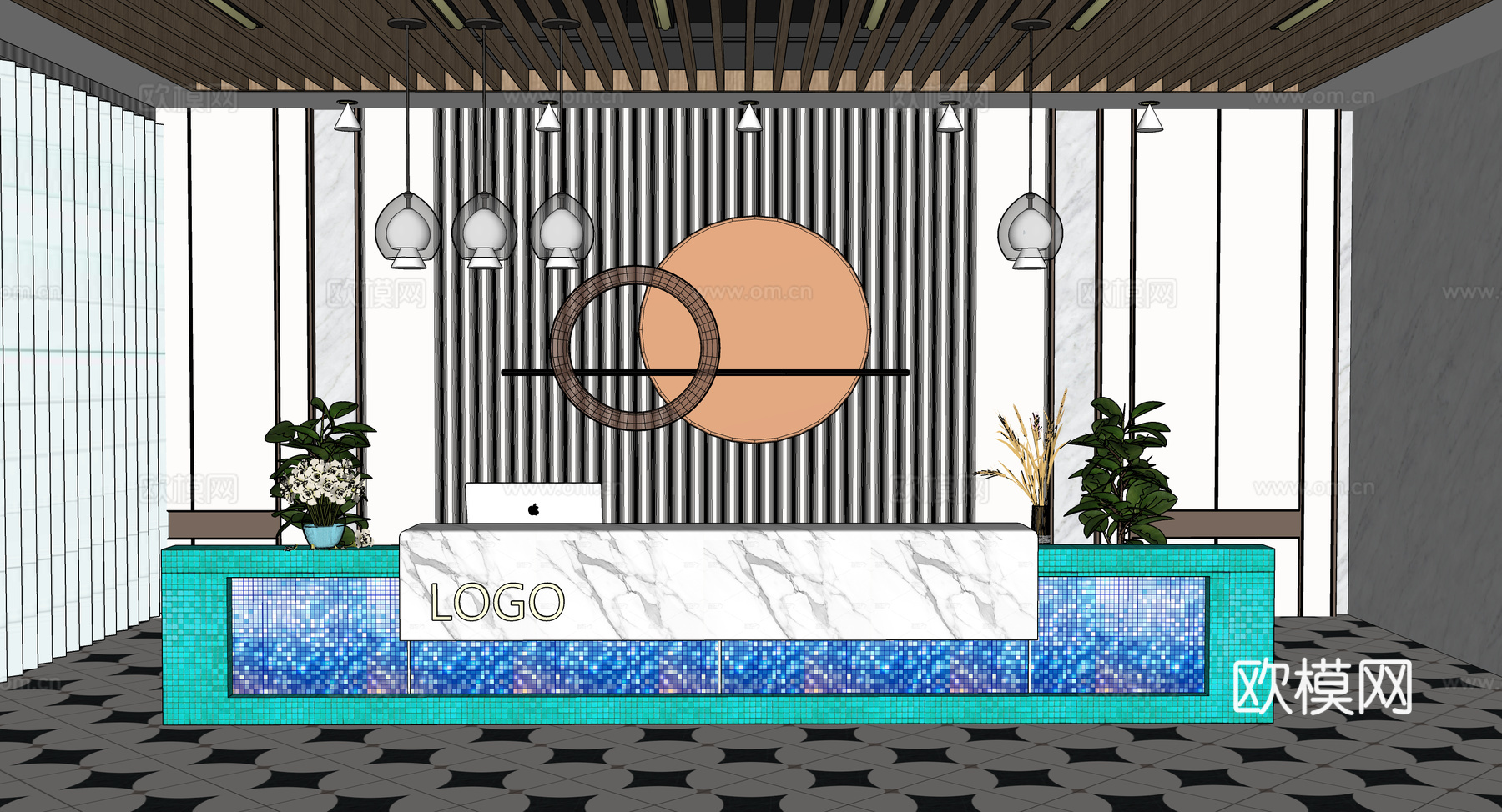 0054现代简约办公室前台接待台su模型