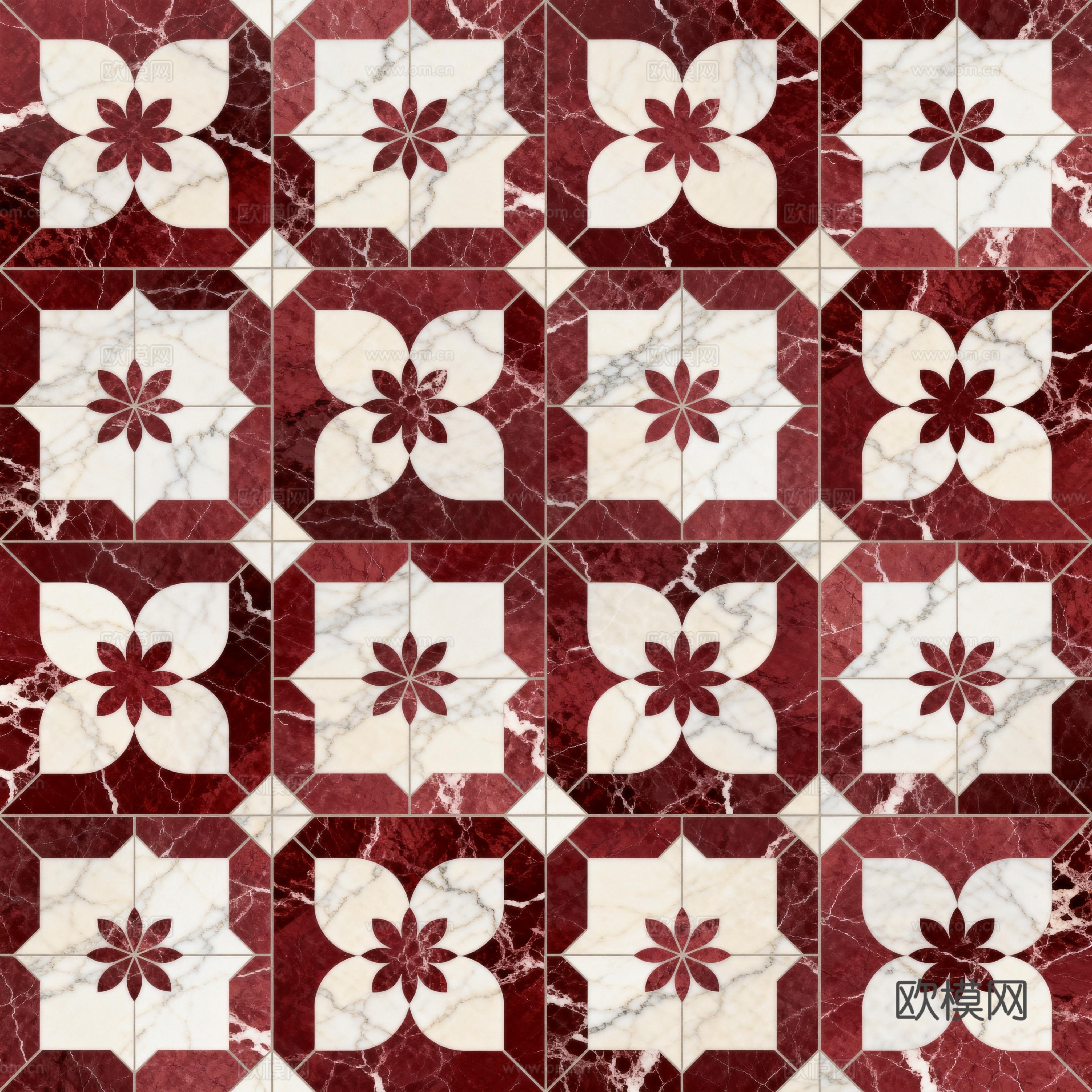 红白石材拼花 花卉几何图案水切刀拼花地砖 轻奢红白拼花大理石