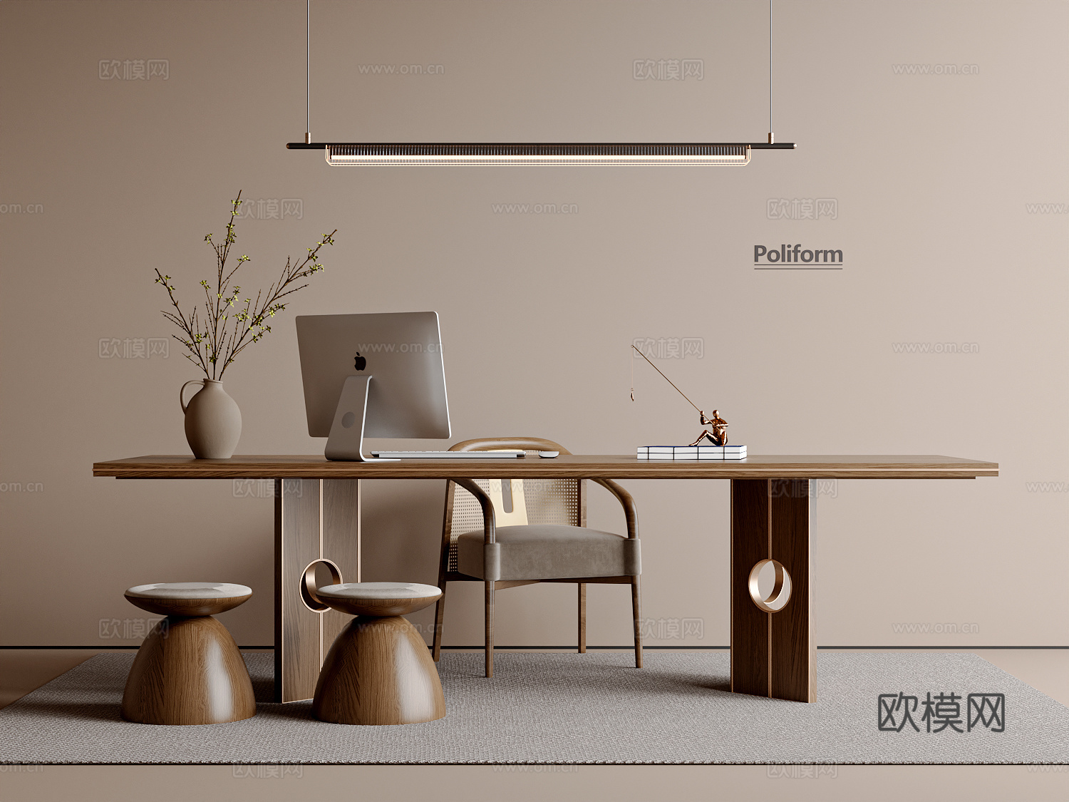 新中式中式书桌椅宋式风书桌椅组合 电脑书椅 吊灯 凳子su模型