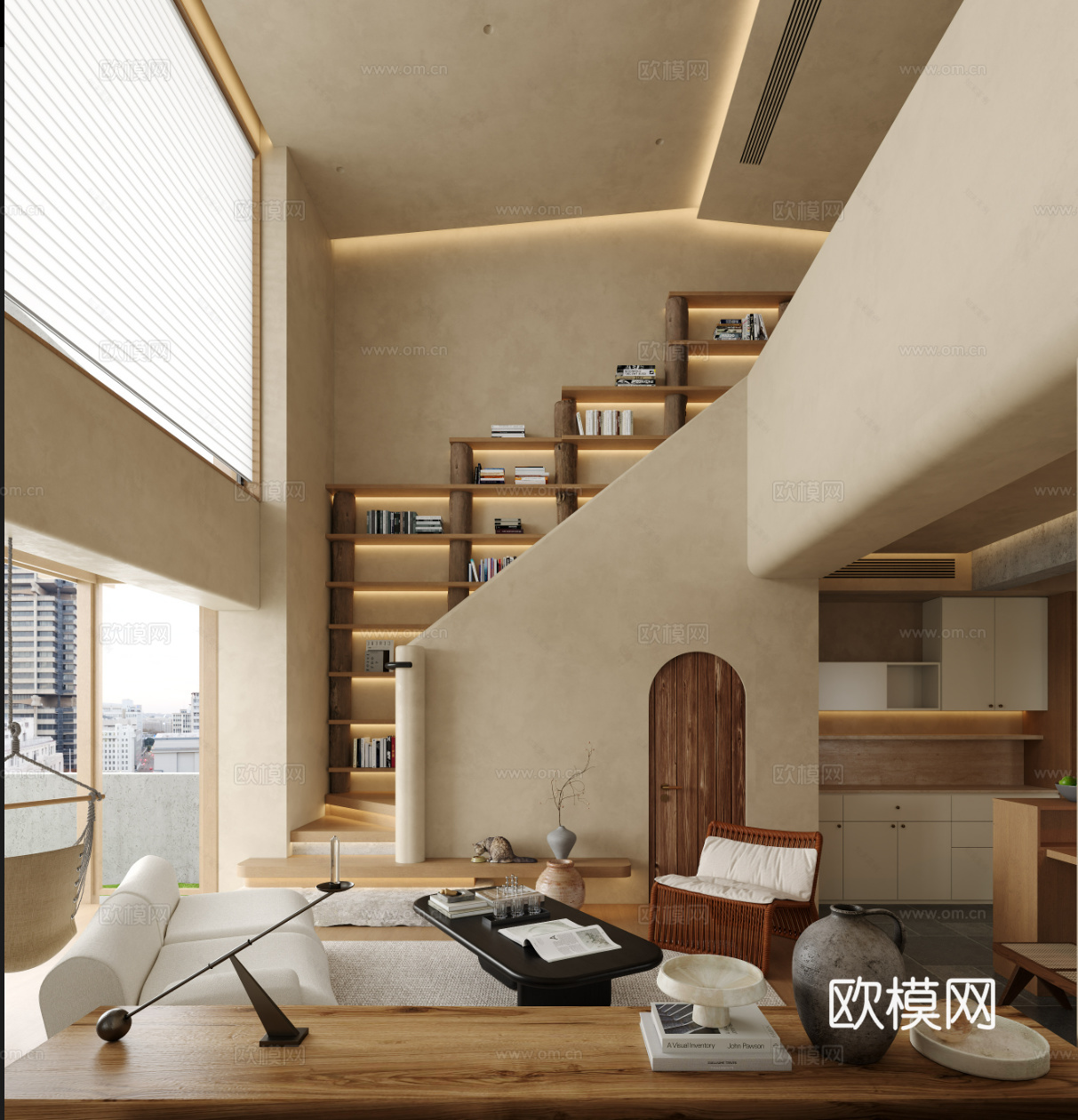 中古侘寂风别墅 样板间 最新全套施工图 效果图合集cad施工图下载（渲染图3）