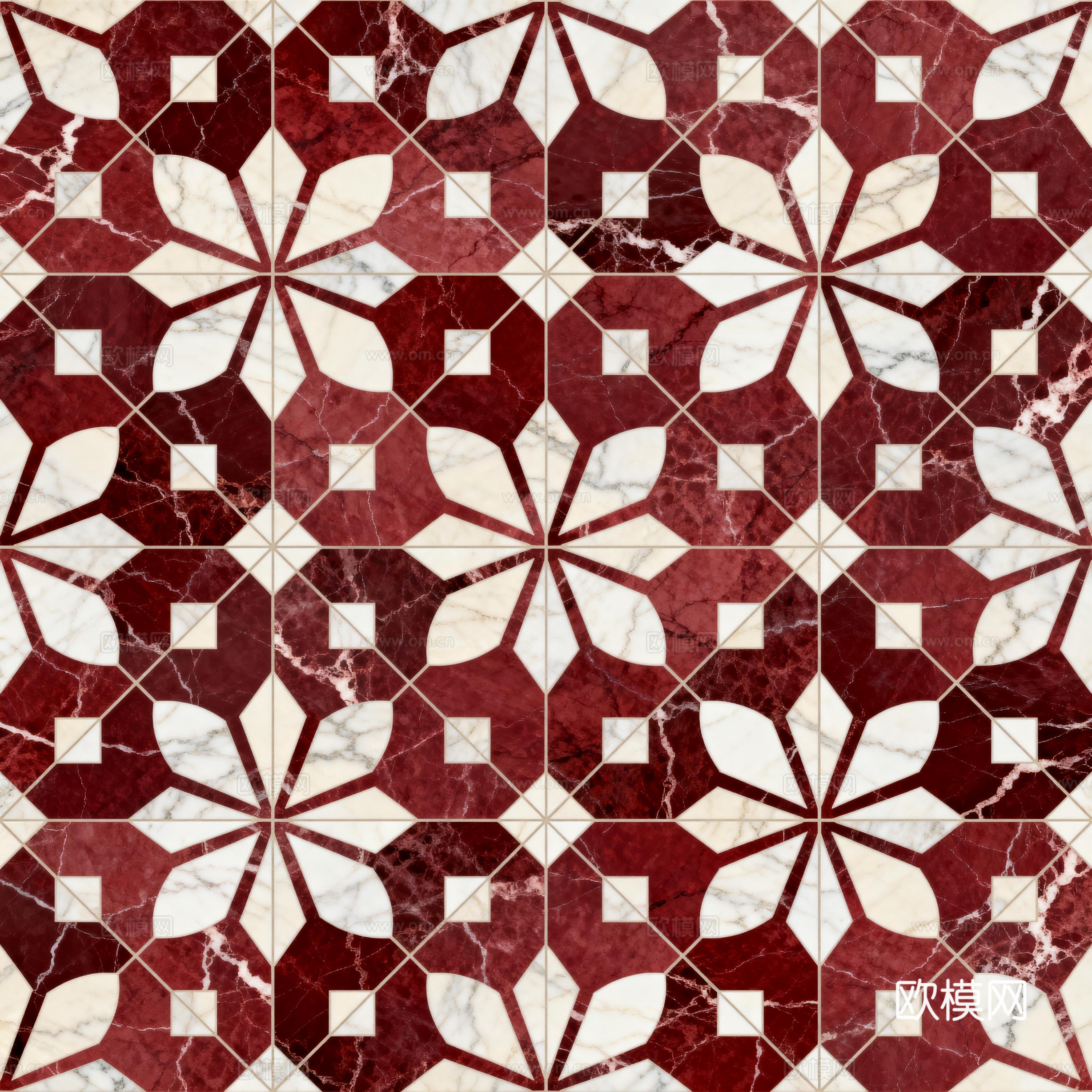红白石材拼花 花卉几何图案水切刀拼花地砖 轻奢红白拼花大理石