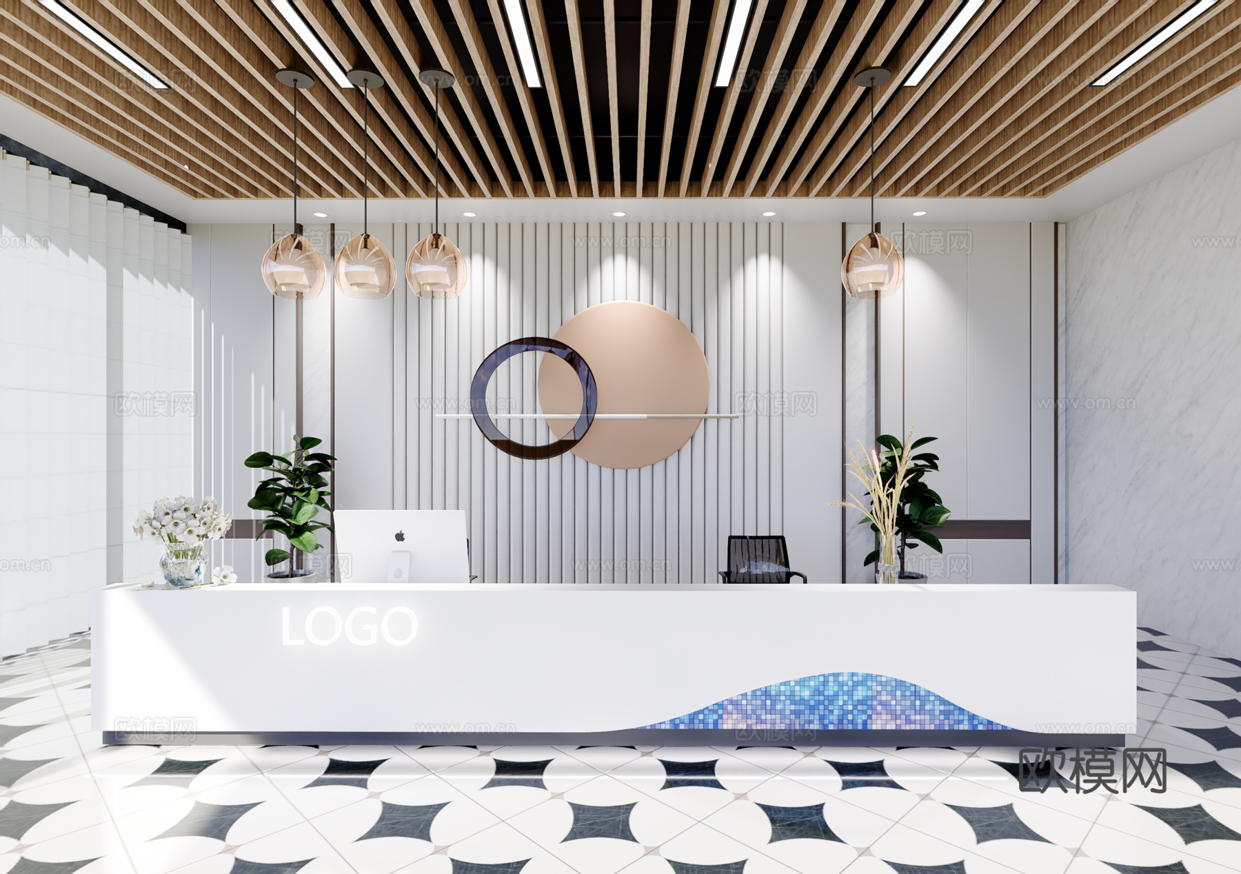 0055现代简约办公室前台接待台su模型