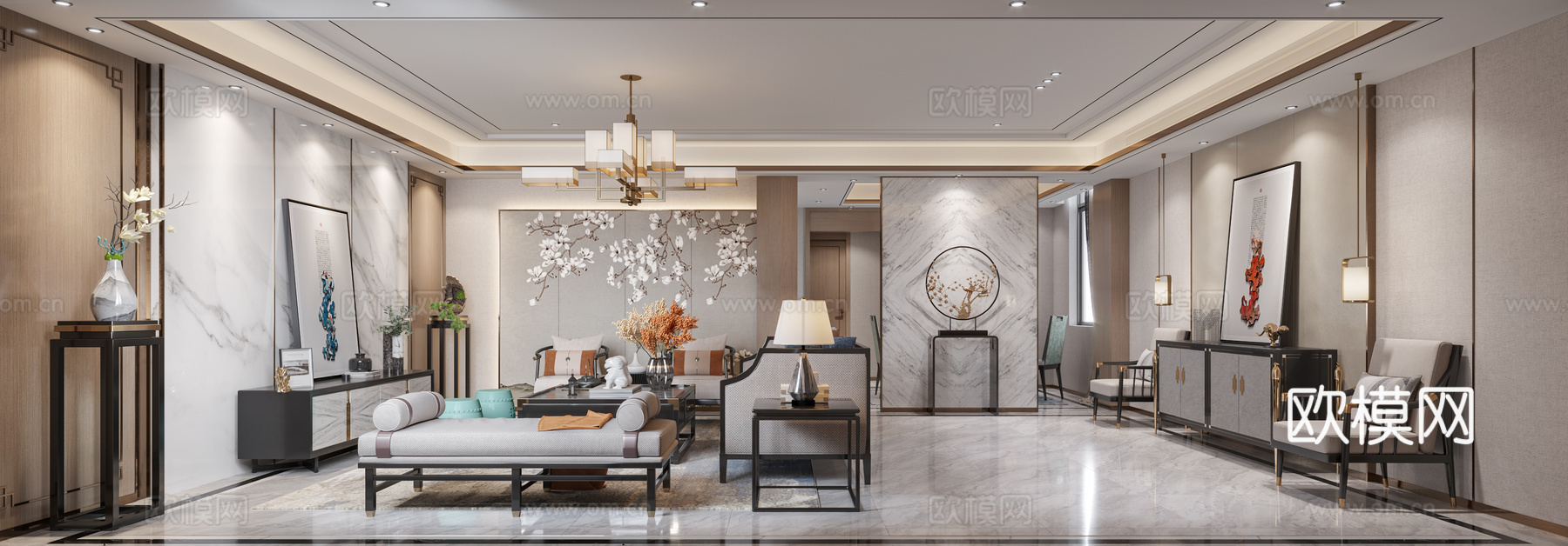 新中式大平层 样板间 最新全套施工图 效果图合集cad施工图