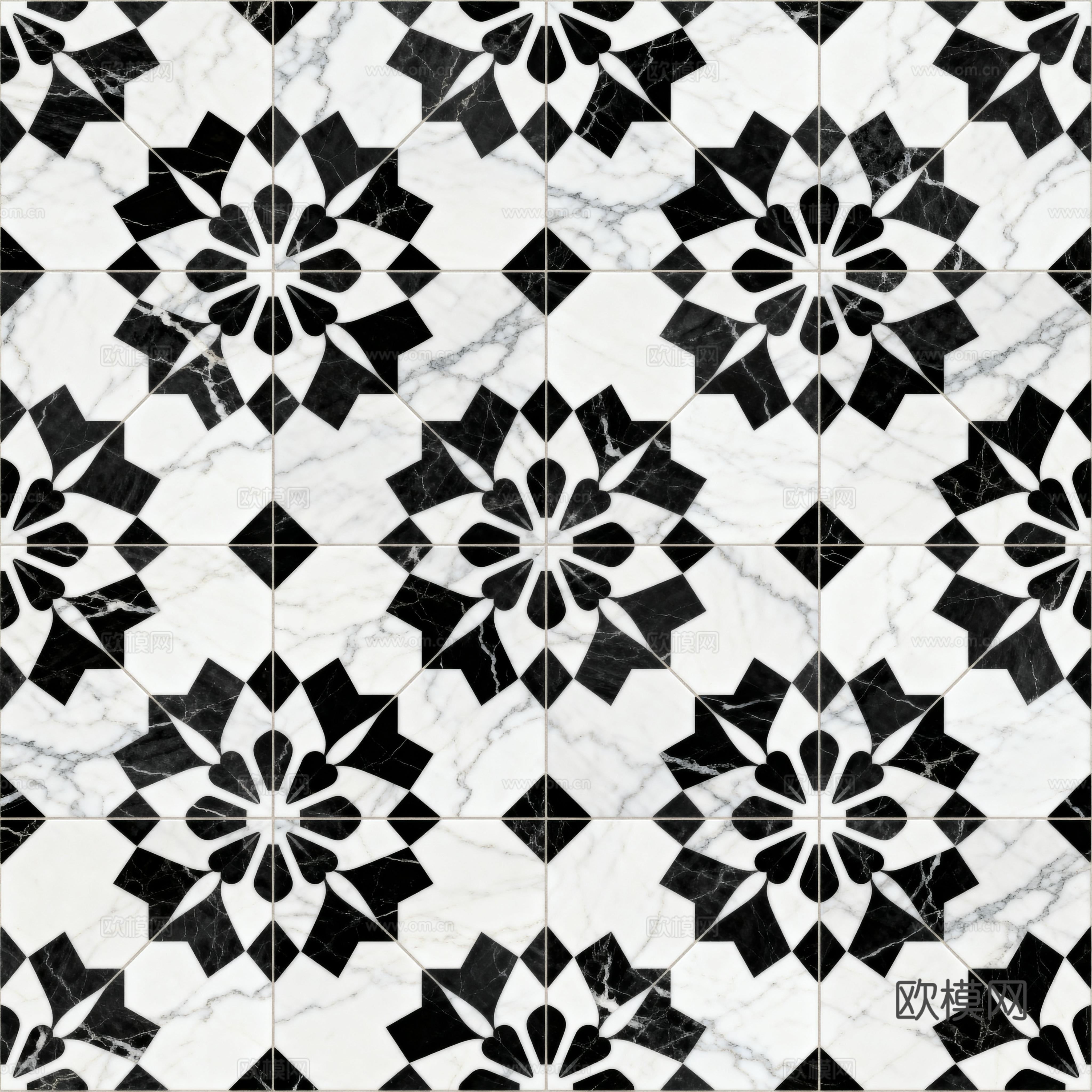 花砖 黑白石材拼花 花卉几何图案水刀石材拼花地砖 石材马赛克