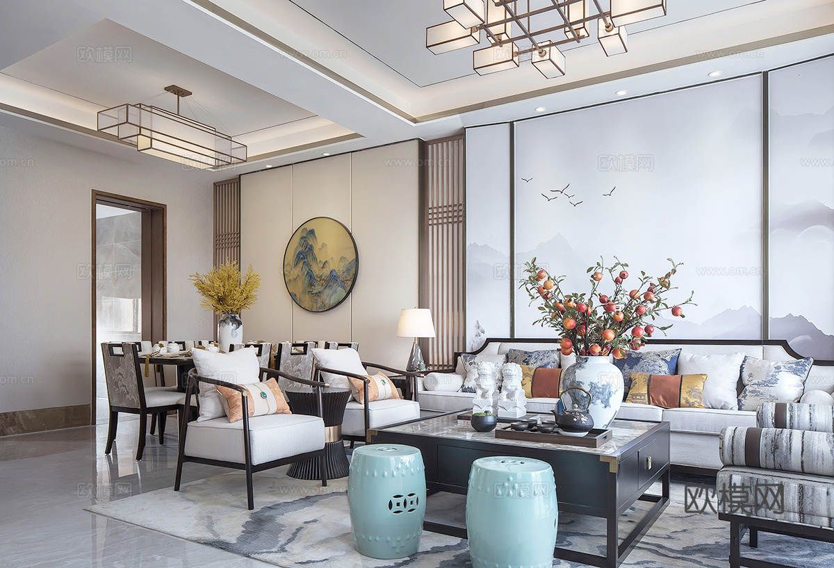 新中式大平层 样板间 最新全套施工图 效果图合集cad施工图