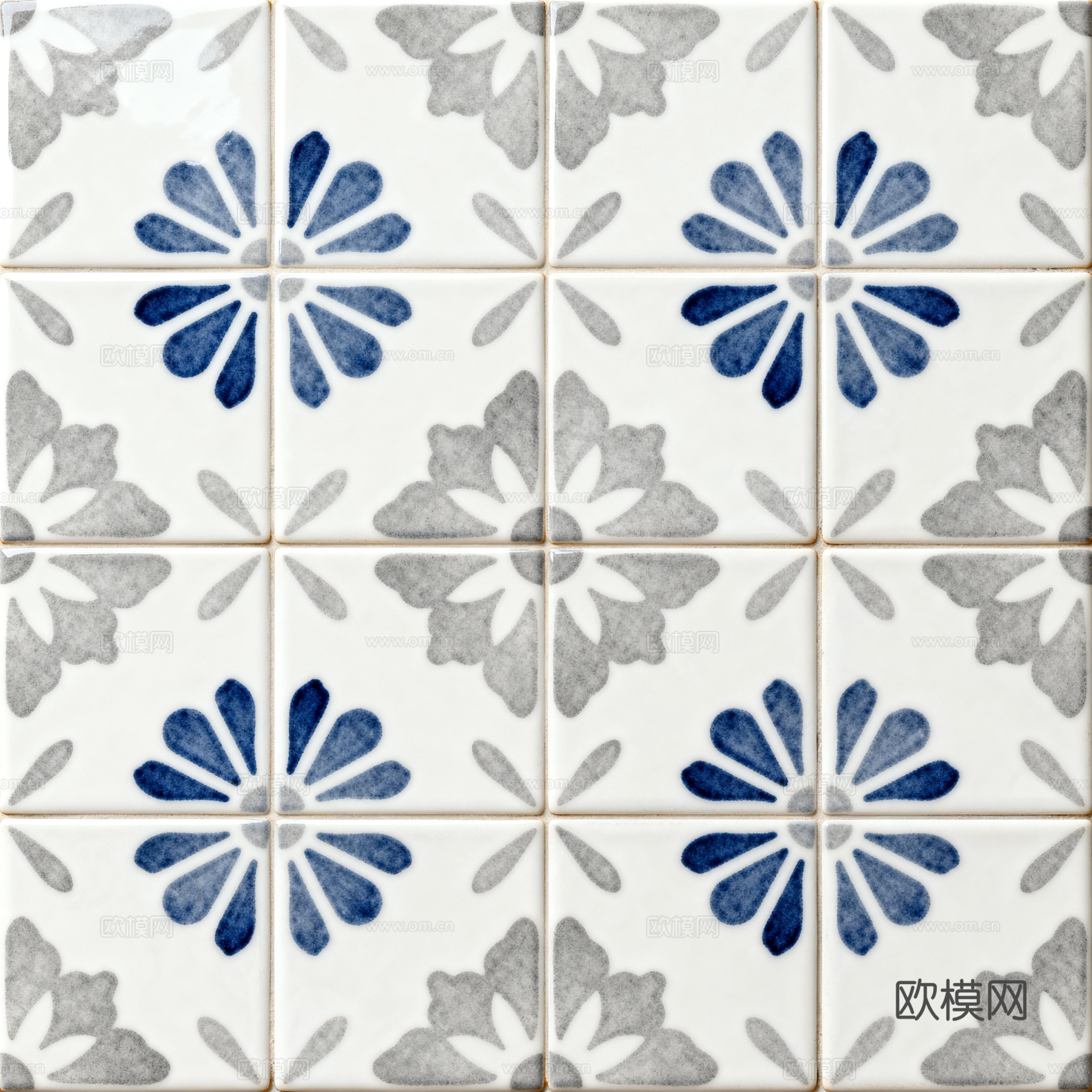 田园风 蓝灰米白色花砖 蓝灰手绘艺术花砖 工艺砖