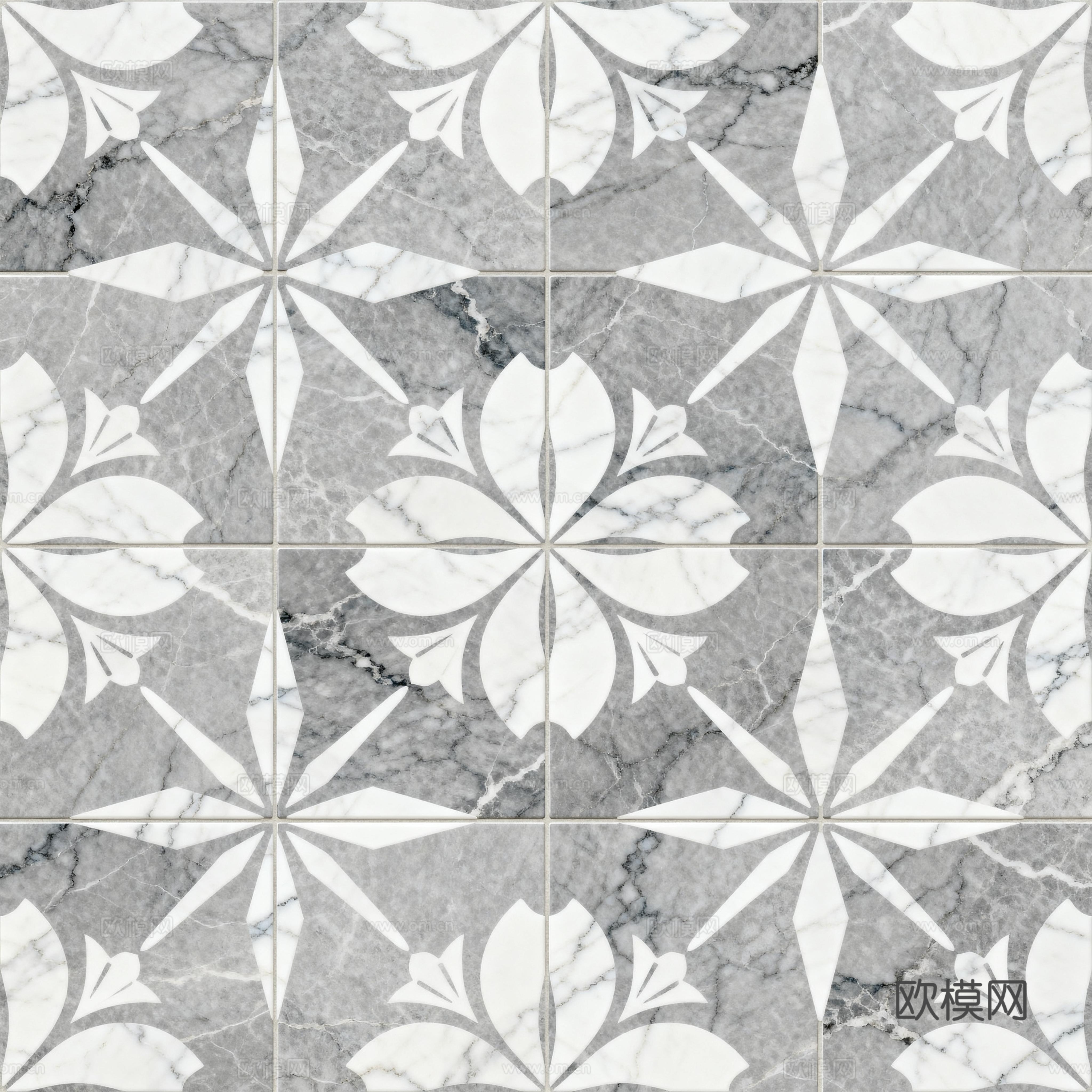 灰白石材拼花 花卉几何图案水刀切拼花地砖 轻奢灰白拼花大理石