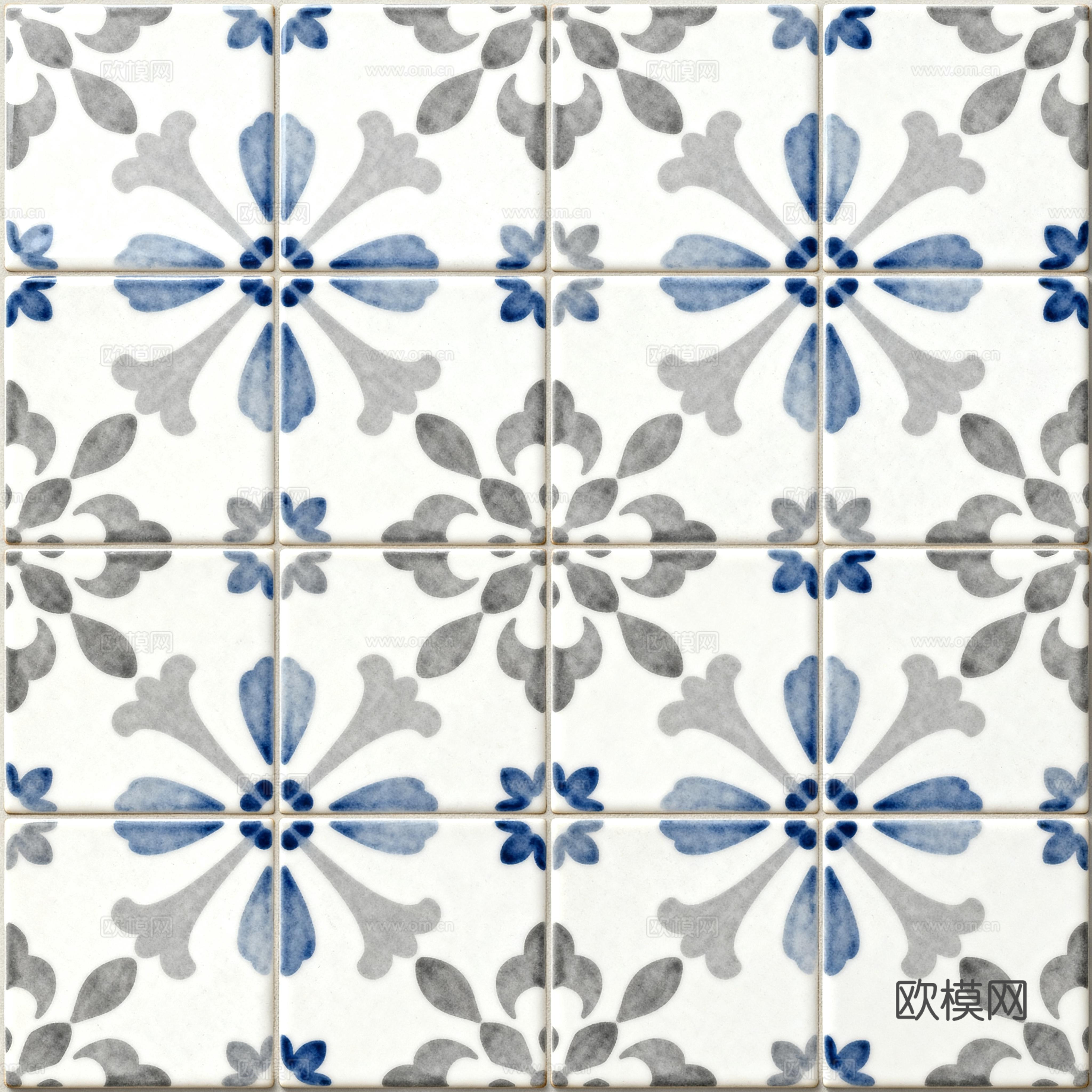 田园风 蓝灰米白色花砖 蓝灰手绘艺术花砖 工艺砖