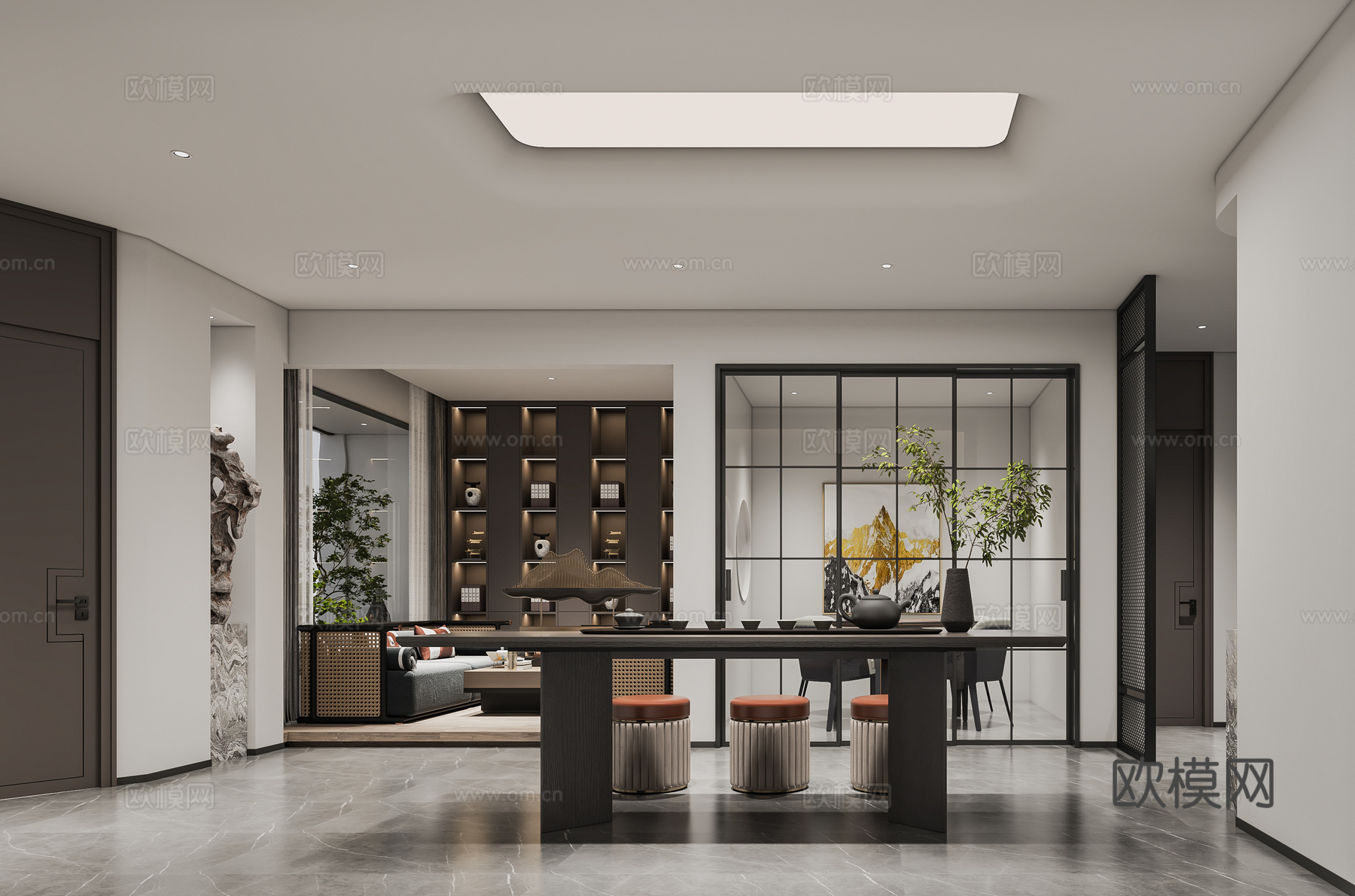 新中式大平层 样板间 最新全套施工图 效果图合集cad施工图