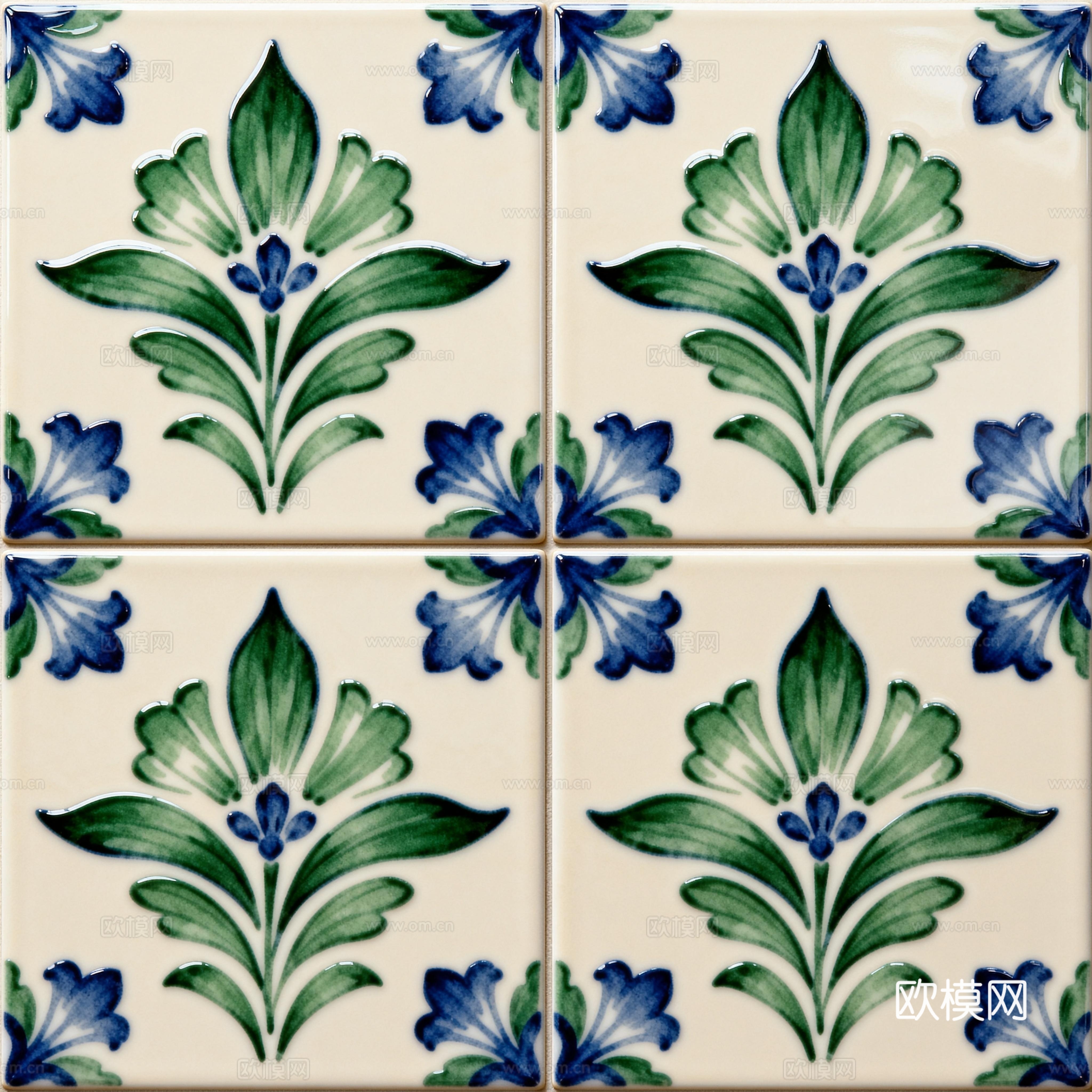 蓝绿色花砖 绿色手绘艺术花砖 工艺砖 花纹图案花砖