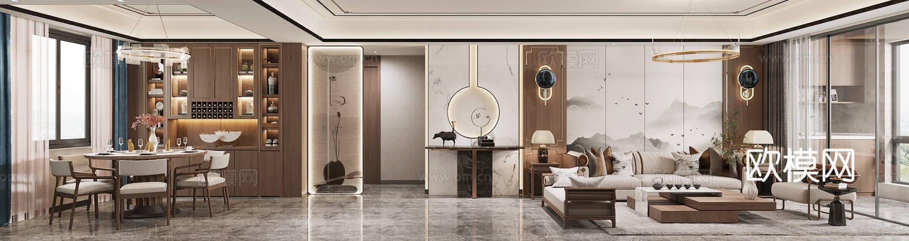 新中式大平层 样板间 最新全套施工图 效果图合集cad施工图