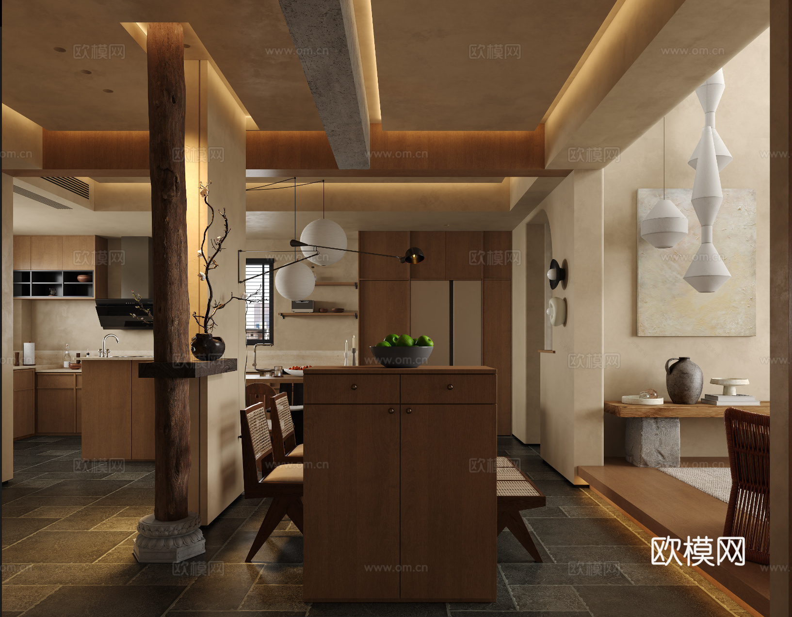 中古侘寂风别墅 样板间 最新全套施工图 效果图合集cad施工图下载（渲染图6）