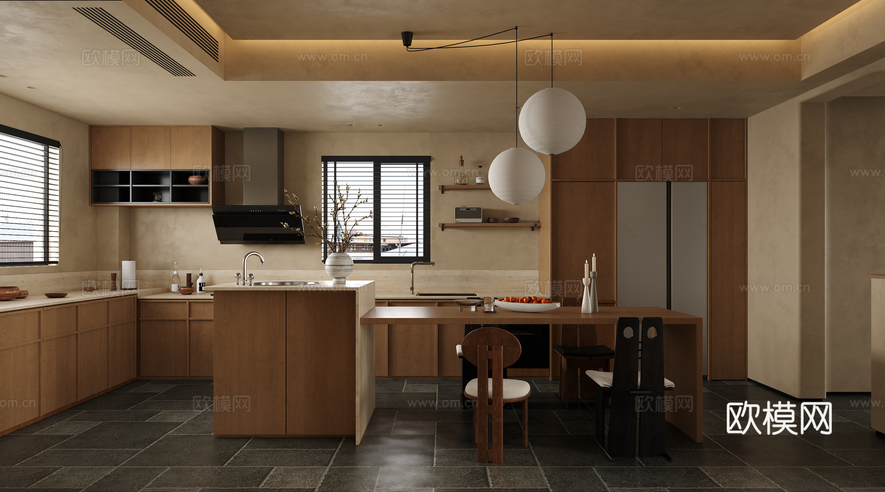 中古侘寂风别墅 样板间 最新全套施工图 效果图合集cad施工图下载（渲染图7）