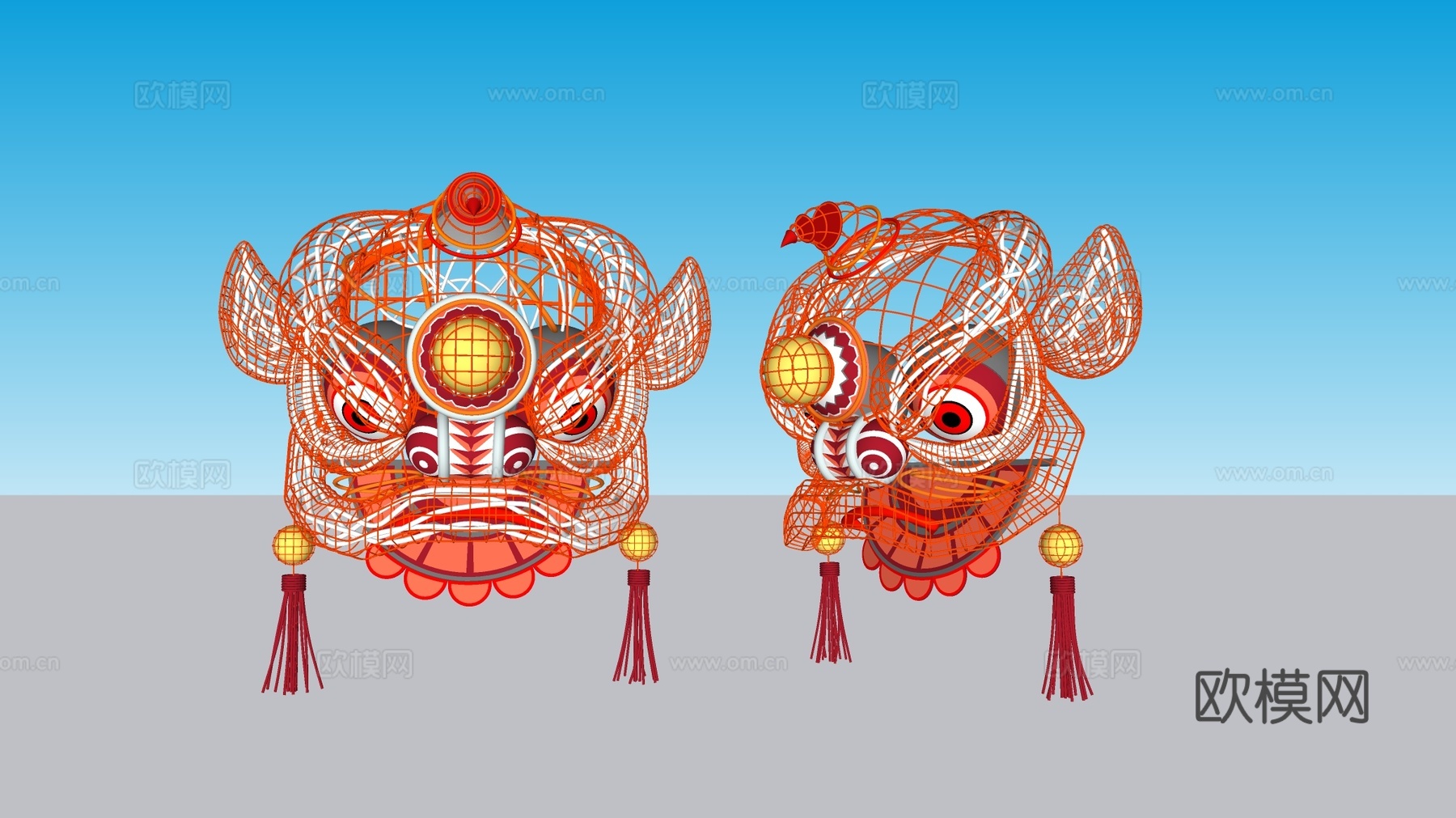 中国风装饰摆件 镂空舞狮 线框结构狮子头 节日庆典 春节su模型