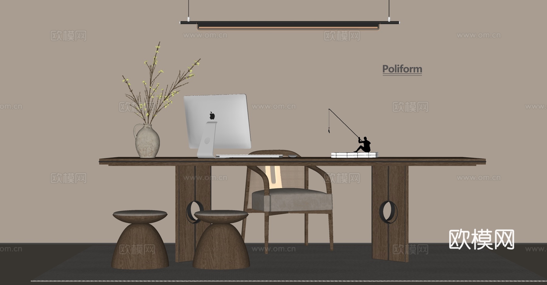 新中式中式书桌椅宋式风书桌椅组合 电脑书椅 吊灯 凳子su模型