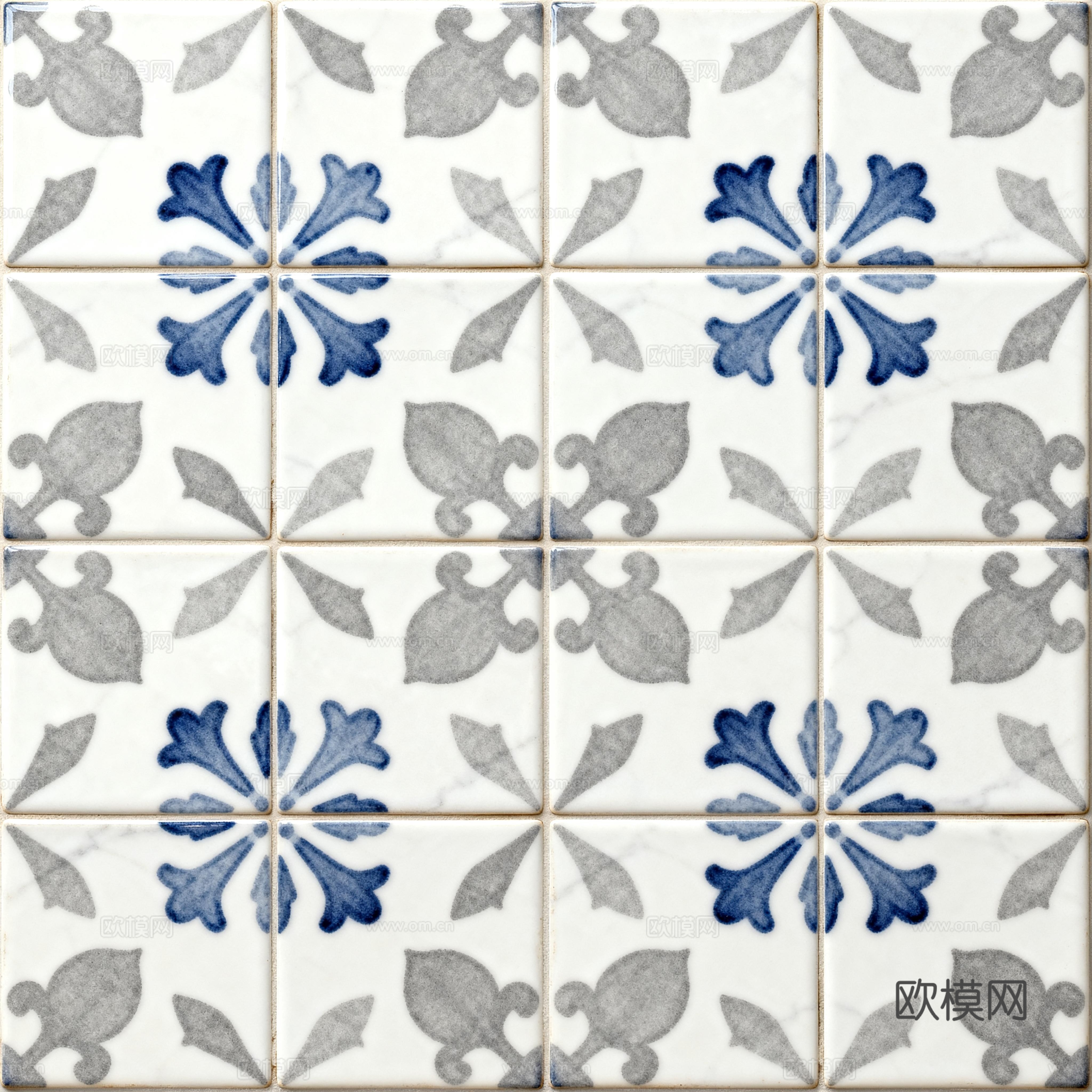 田园风 蓝灰米白色花砖 蓝灰手绘艺术花砖 工艺砖