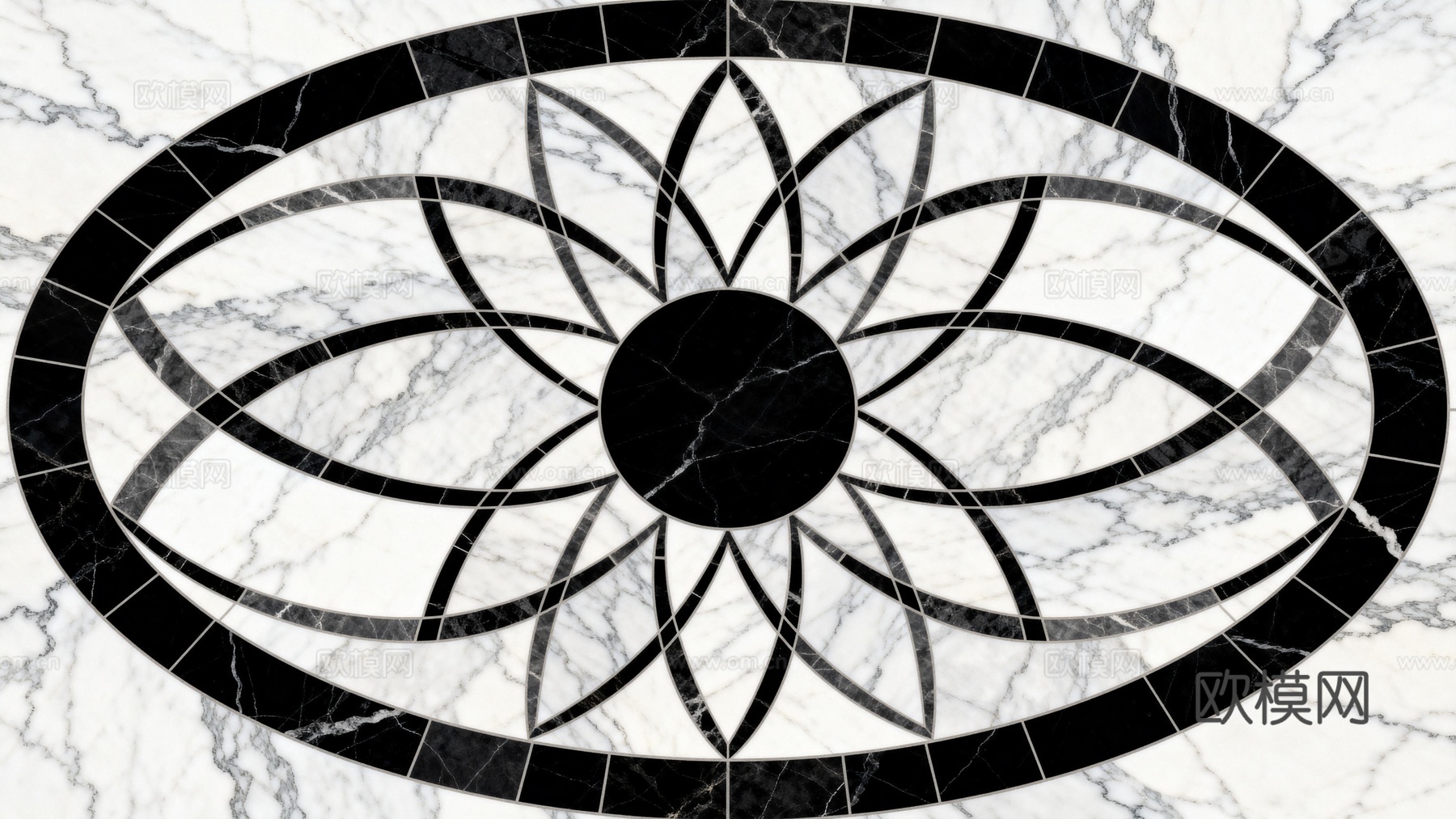 轻奢黑白拼花大理石 黑白石材椭圆拼花 玄关石材拼花