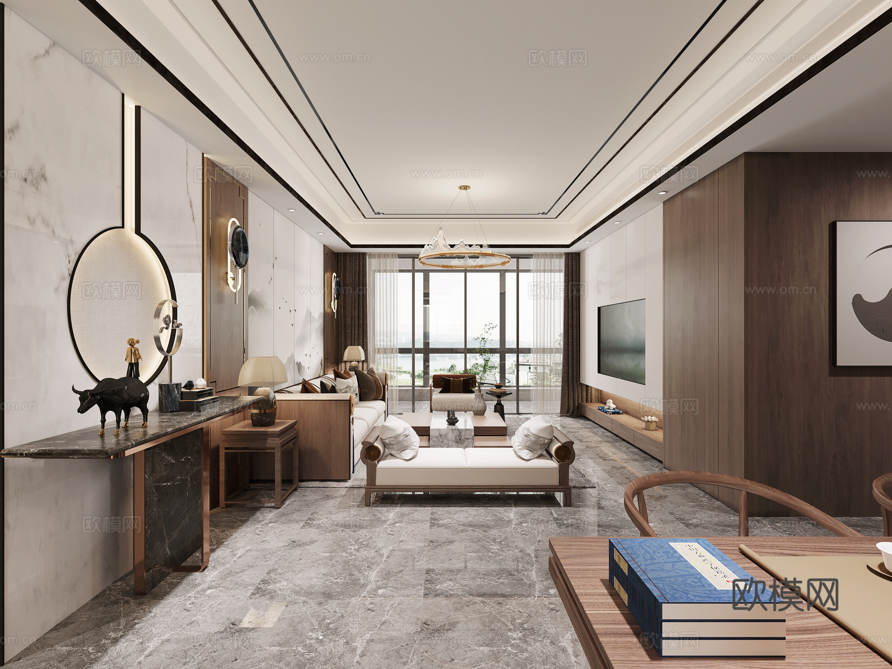 新中式大平层 样板间 最新全套施工图 效果图合集cad施工图