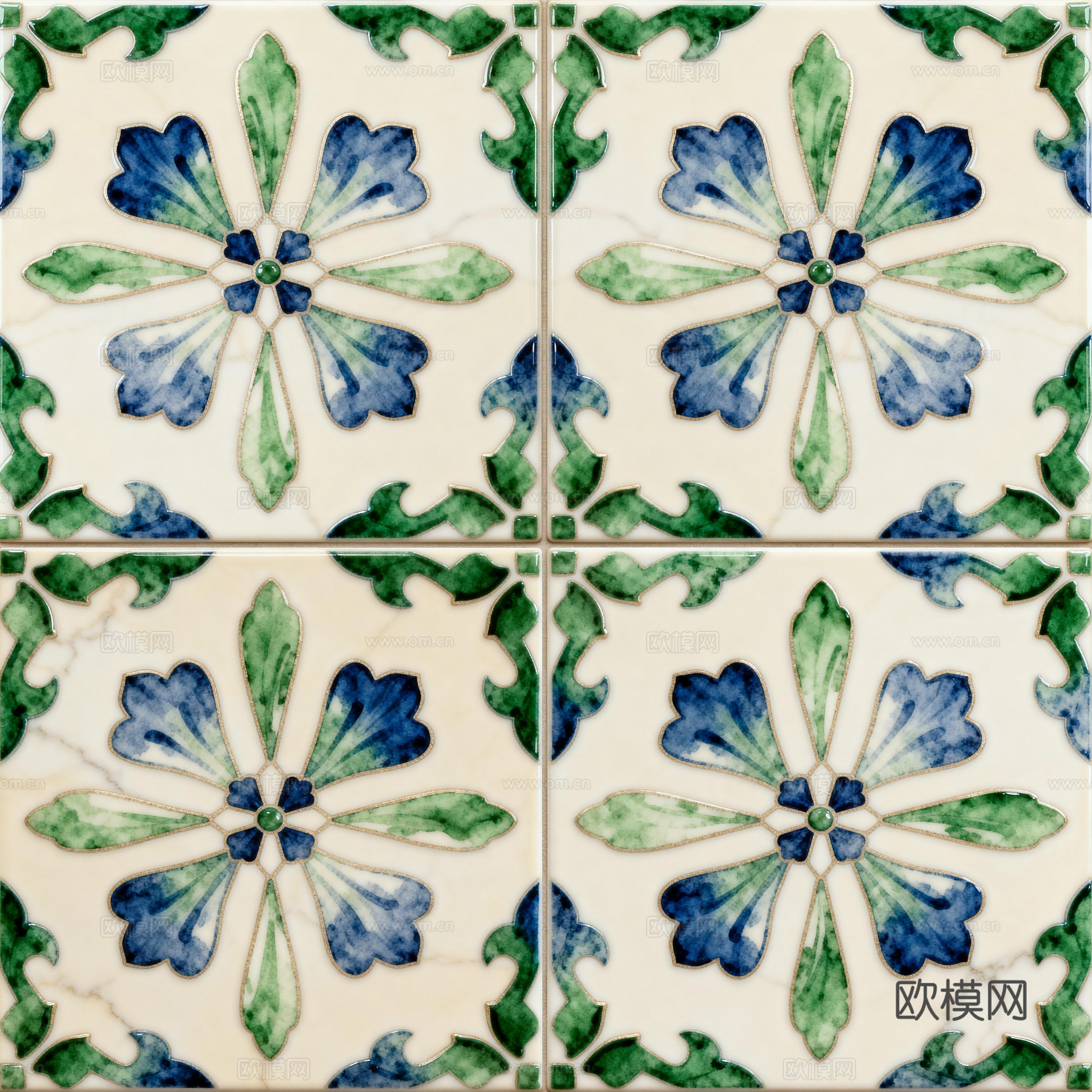 蓝绿色花砖 绿色手绘艺术花砖 工艺砖 花纹图案花砖