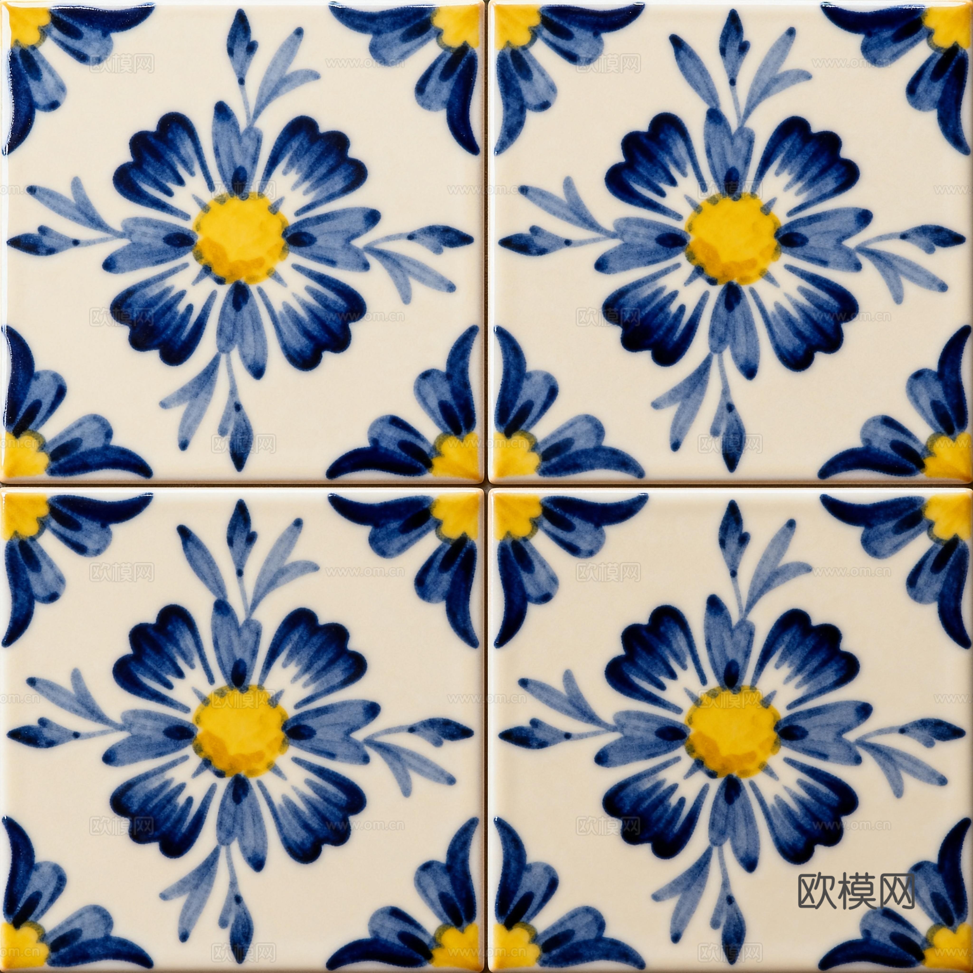 田园风 蓝黄米白色花砖 蓝黄手绘艺术花砖 工艺砖