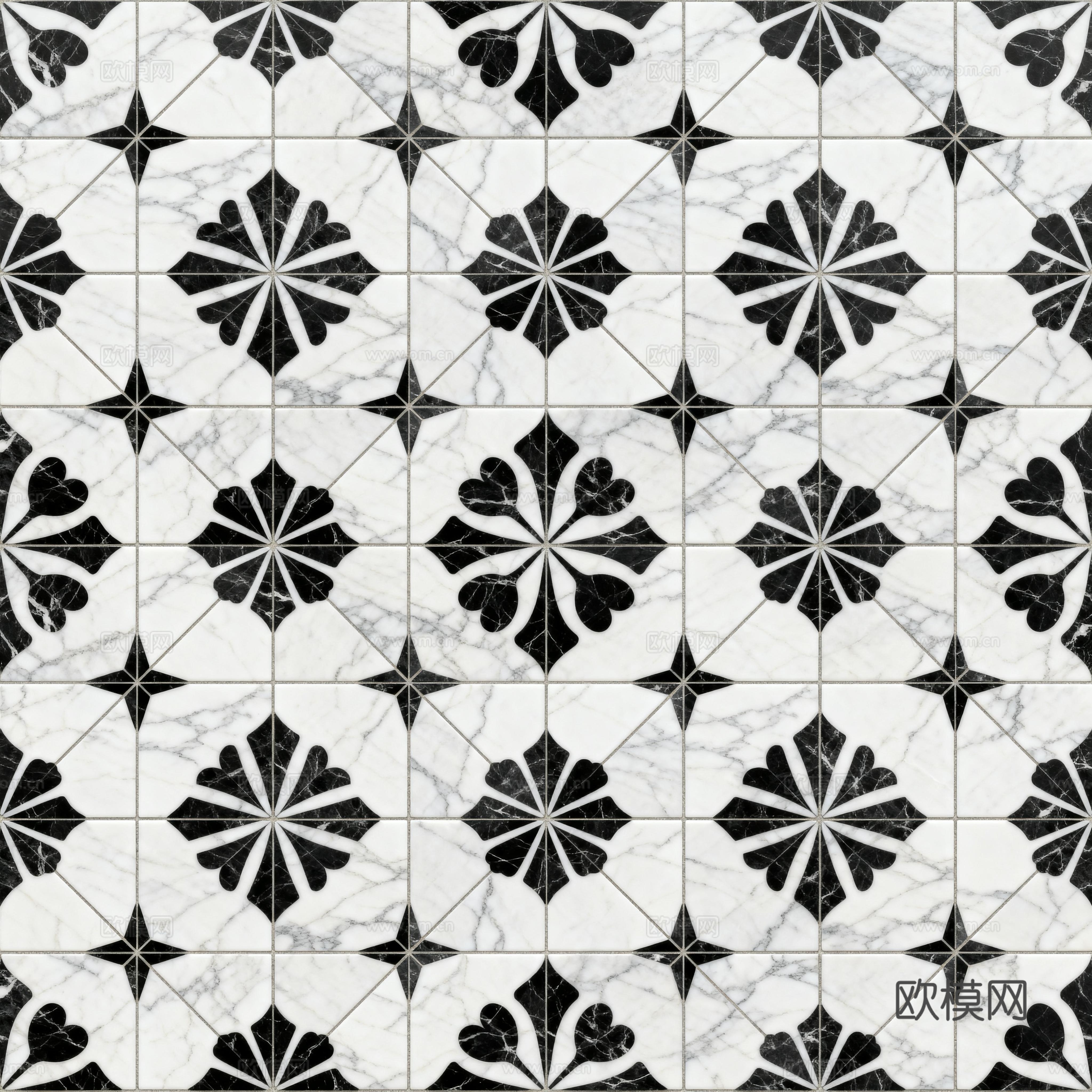 花砖 黑白石材拼花 花卉几何图案水刀石材拼花地砖 石材马赛克