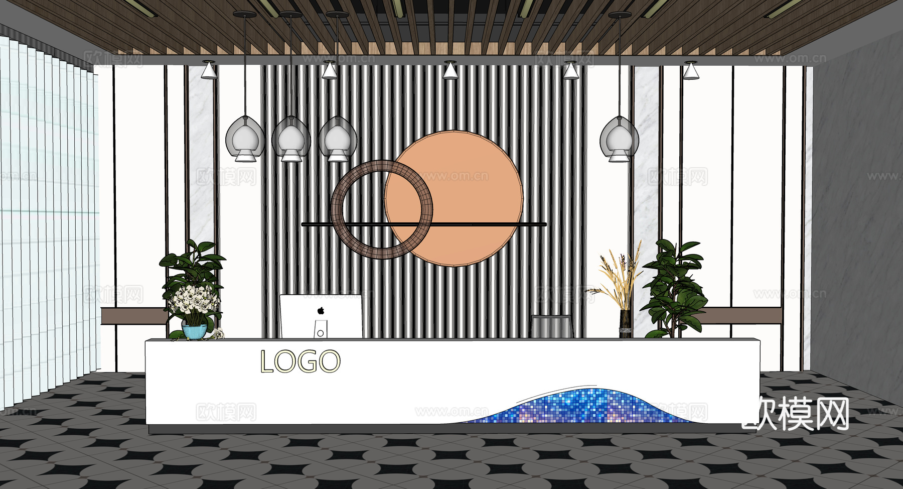 0055现代简约办公室前台接待台su模型