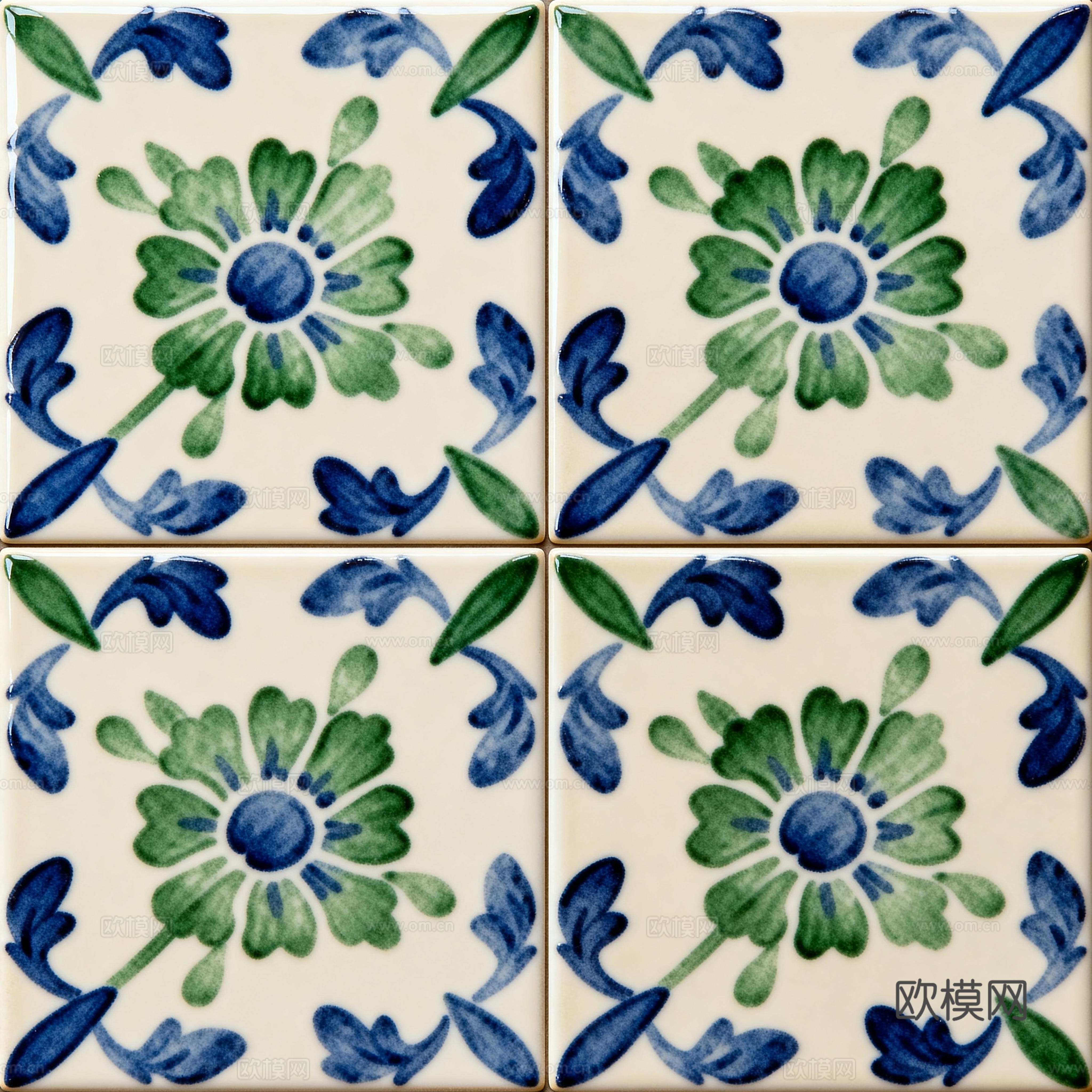 蓝绿色花砖 绿色手绘艺术花砖 工艺砖 花纹图案花砖