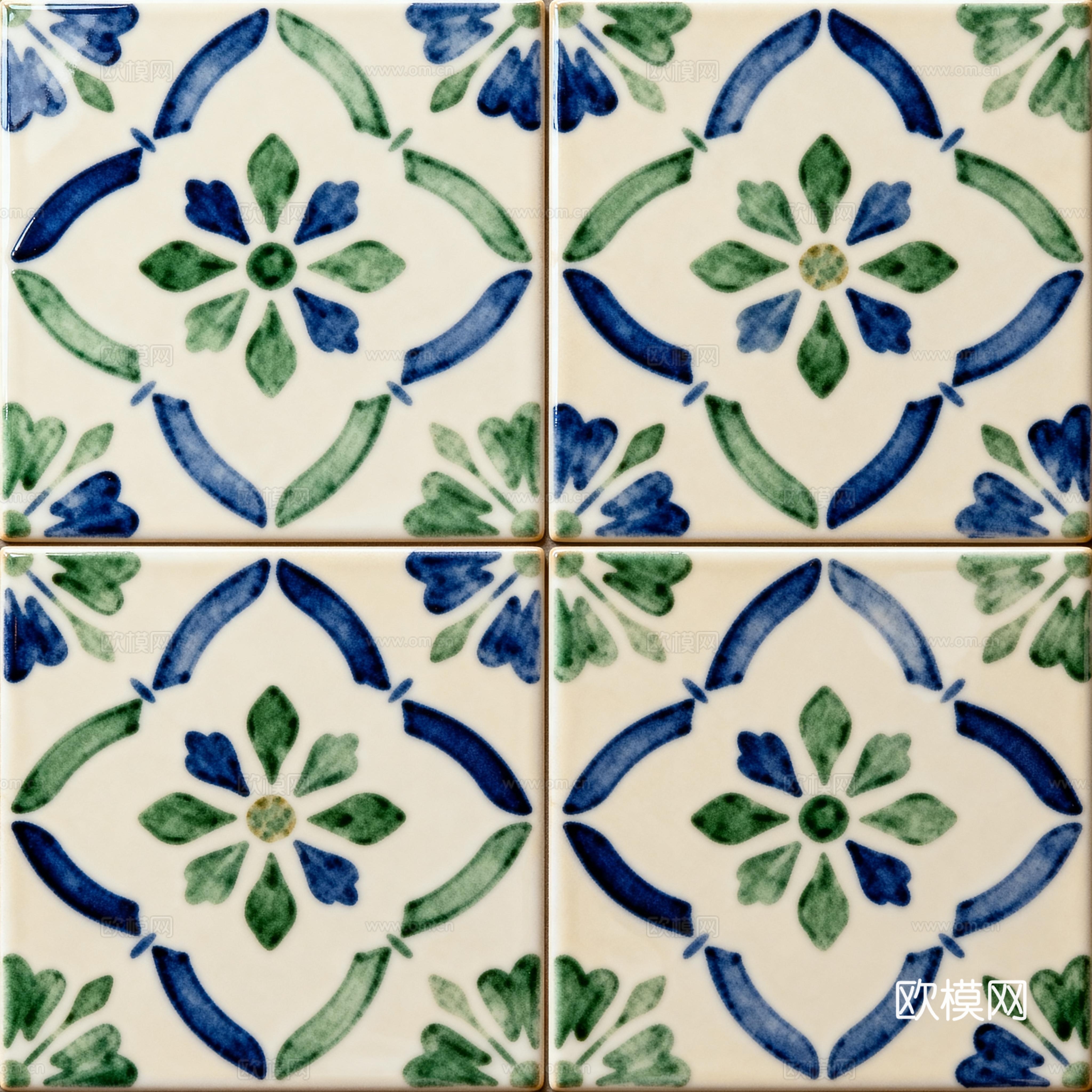 蓝绿色花砖 绿色手绘艺术花砖 工艺砖 花纹图案花砖