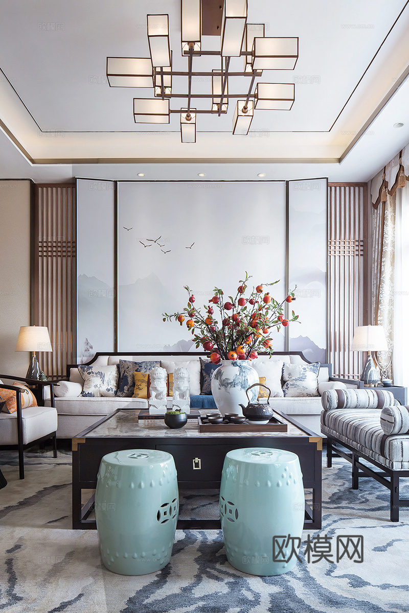 新中式大平层 样板间 最新全套施工图 效果图合集cad施工图