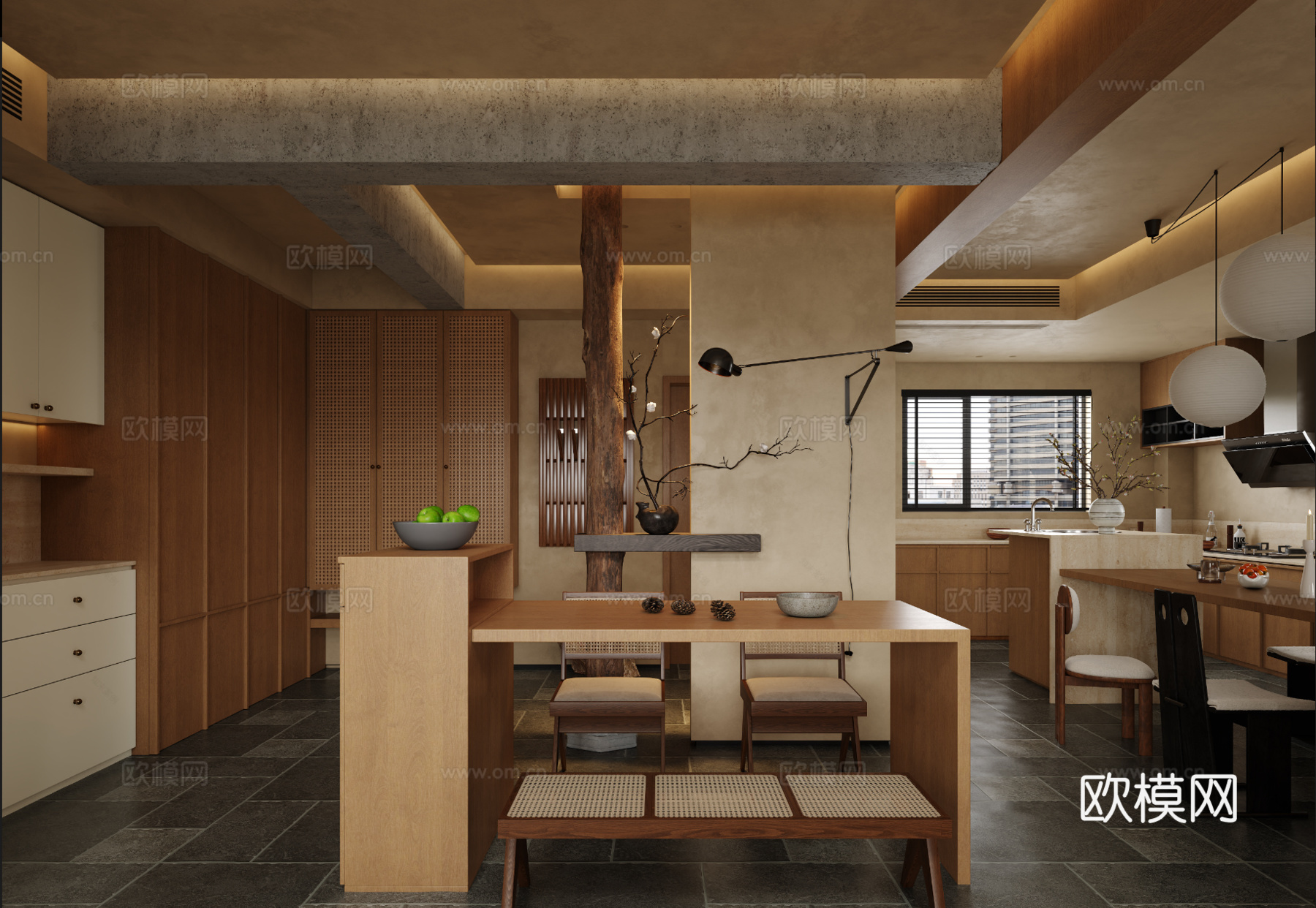 中古侘寂风别墅 样板间 最新全套施工图 效果图合集cad施工图下载（渲染图2）