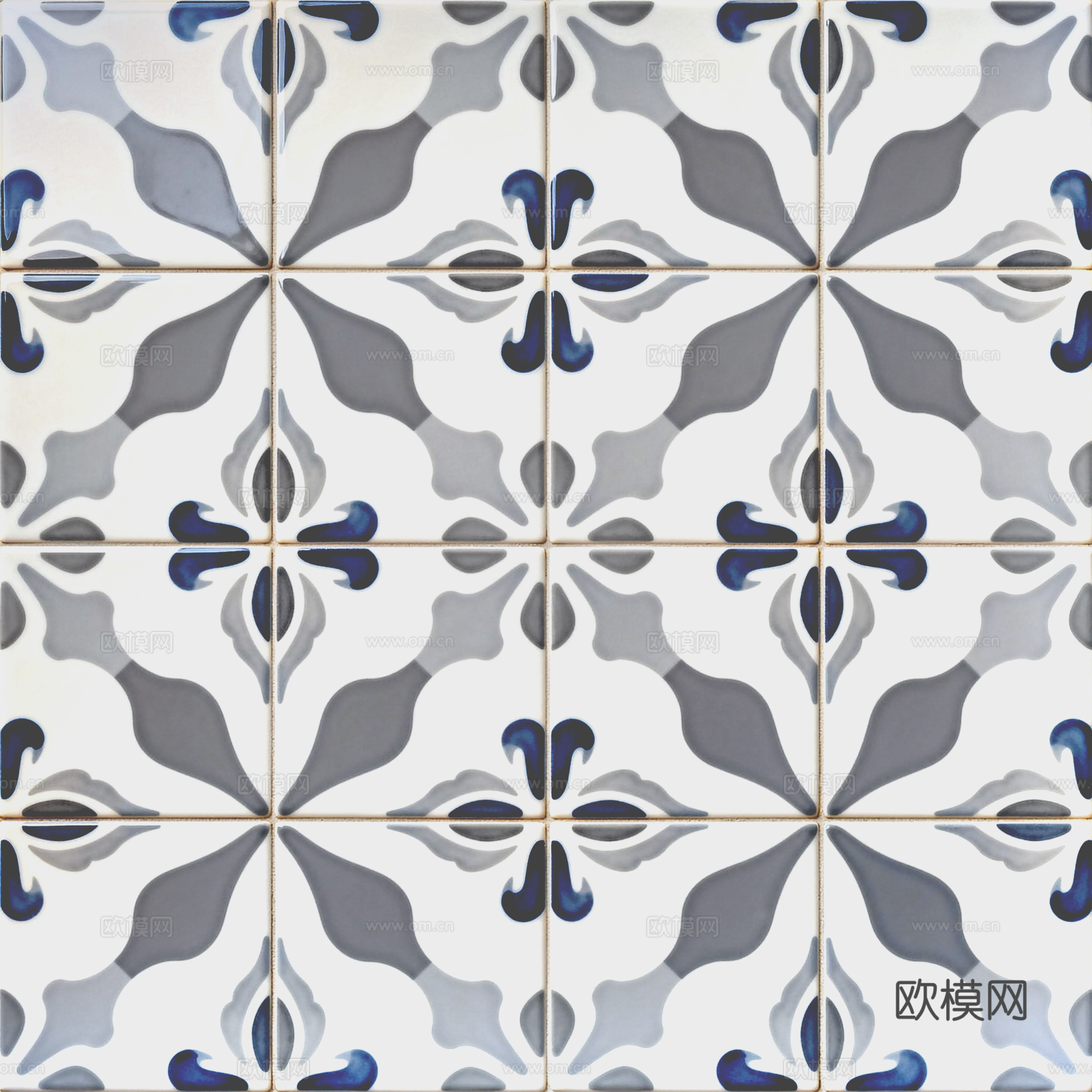 田园风 蓝灰米白色花砖 蓝灰手绘艺术花砖 工艺砖
