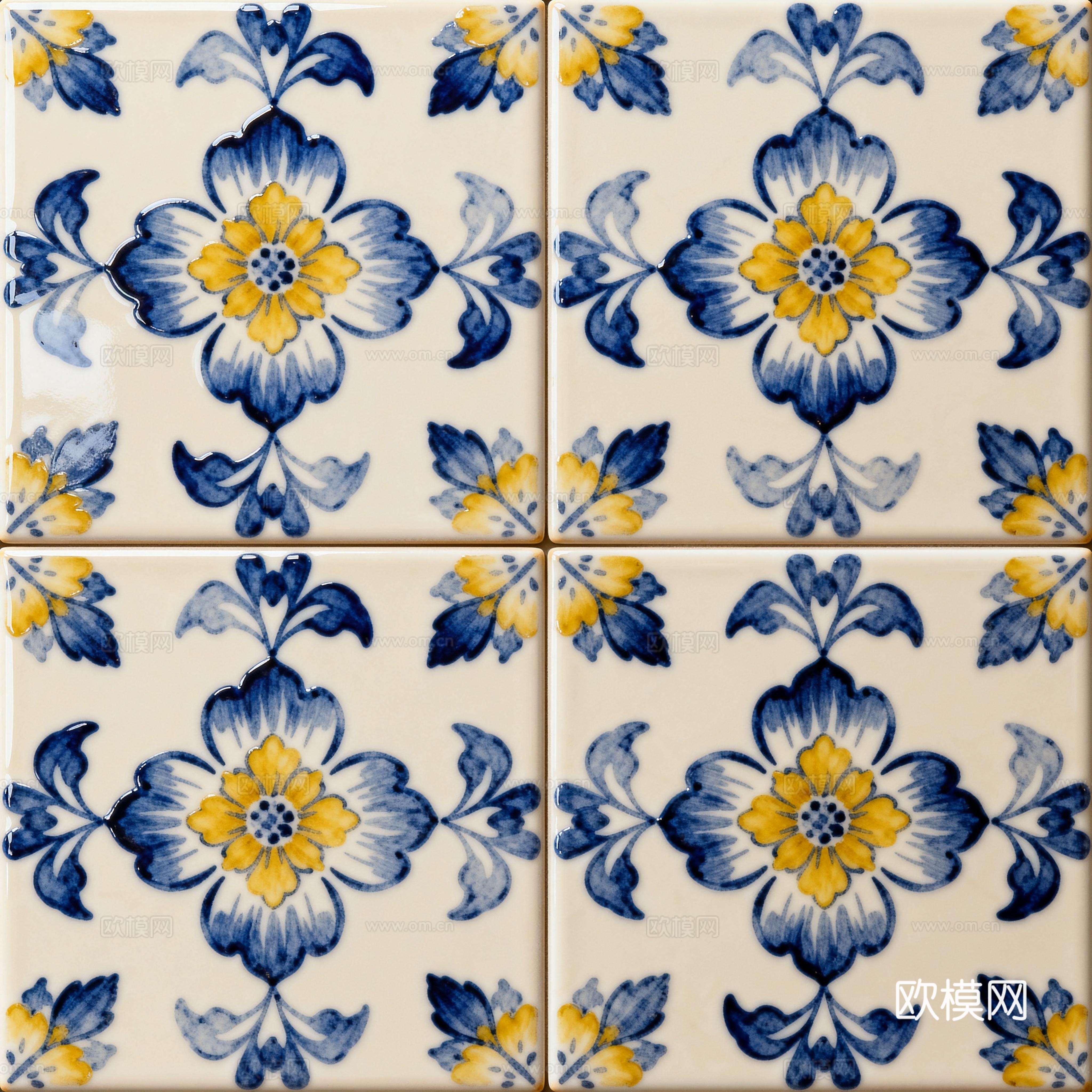 田园风 蓝黄米白色花砖 蓝黄手绘艺术花砖 工艺砖