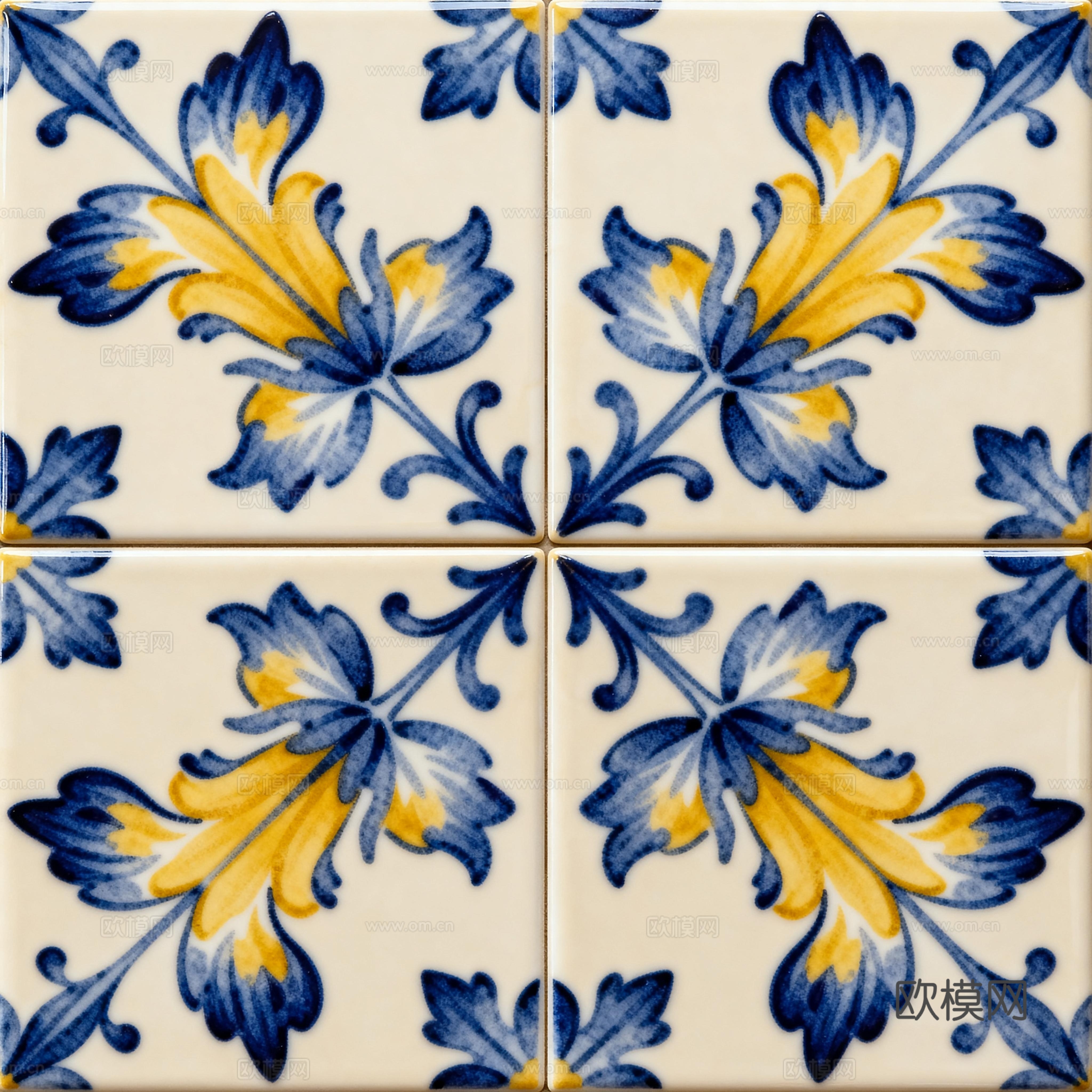 田园风 蓝黄米白色花砖 蓝黄手绘艺术花砖 工艺砖
