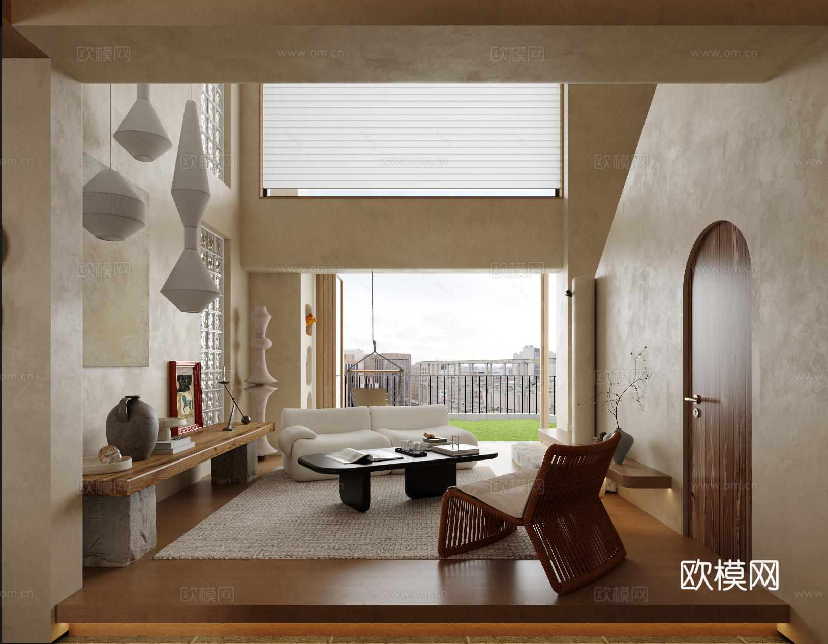 中古侘寂风别墅 样板间 最新全套施工图 效果图合集cad施工图下载（渲染图4）