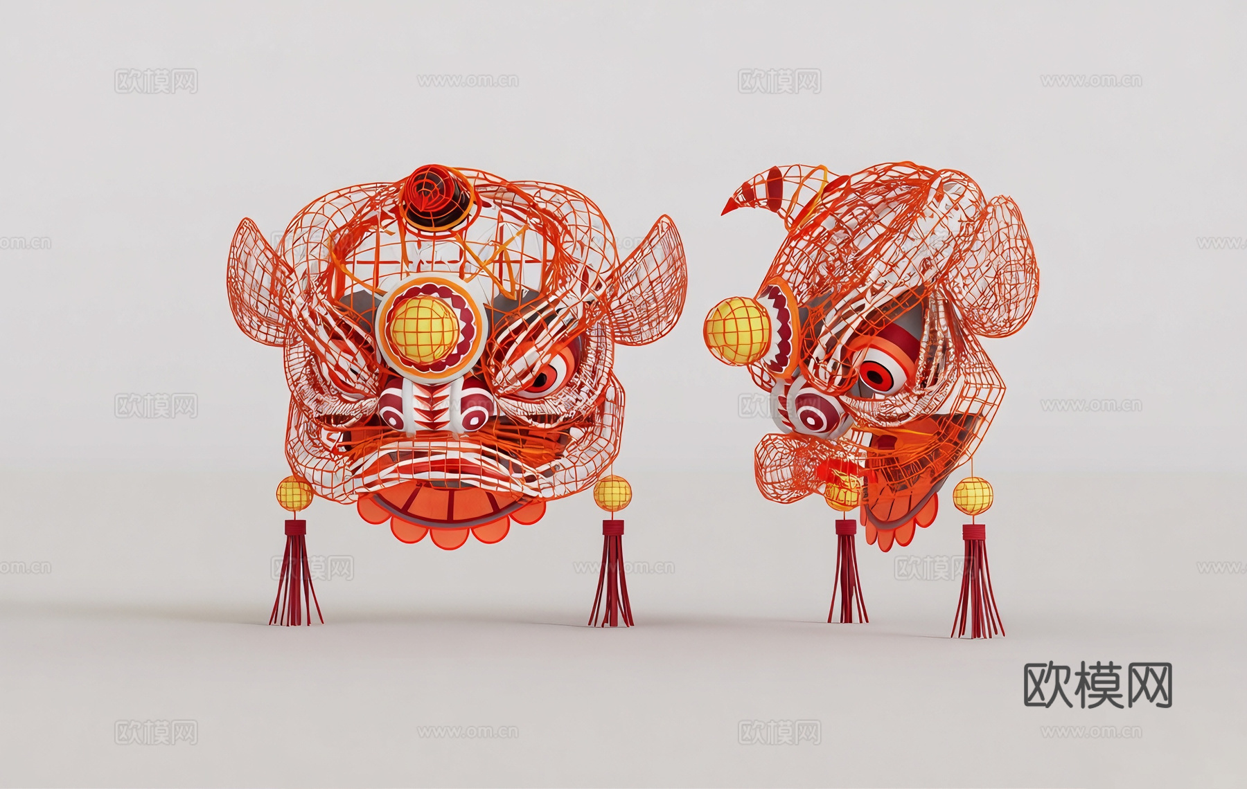 中国风装饰摆件 镂空舞狮 线框结构狮子头 节日庆典 春节su模型
