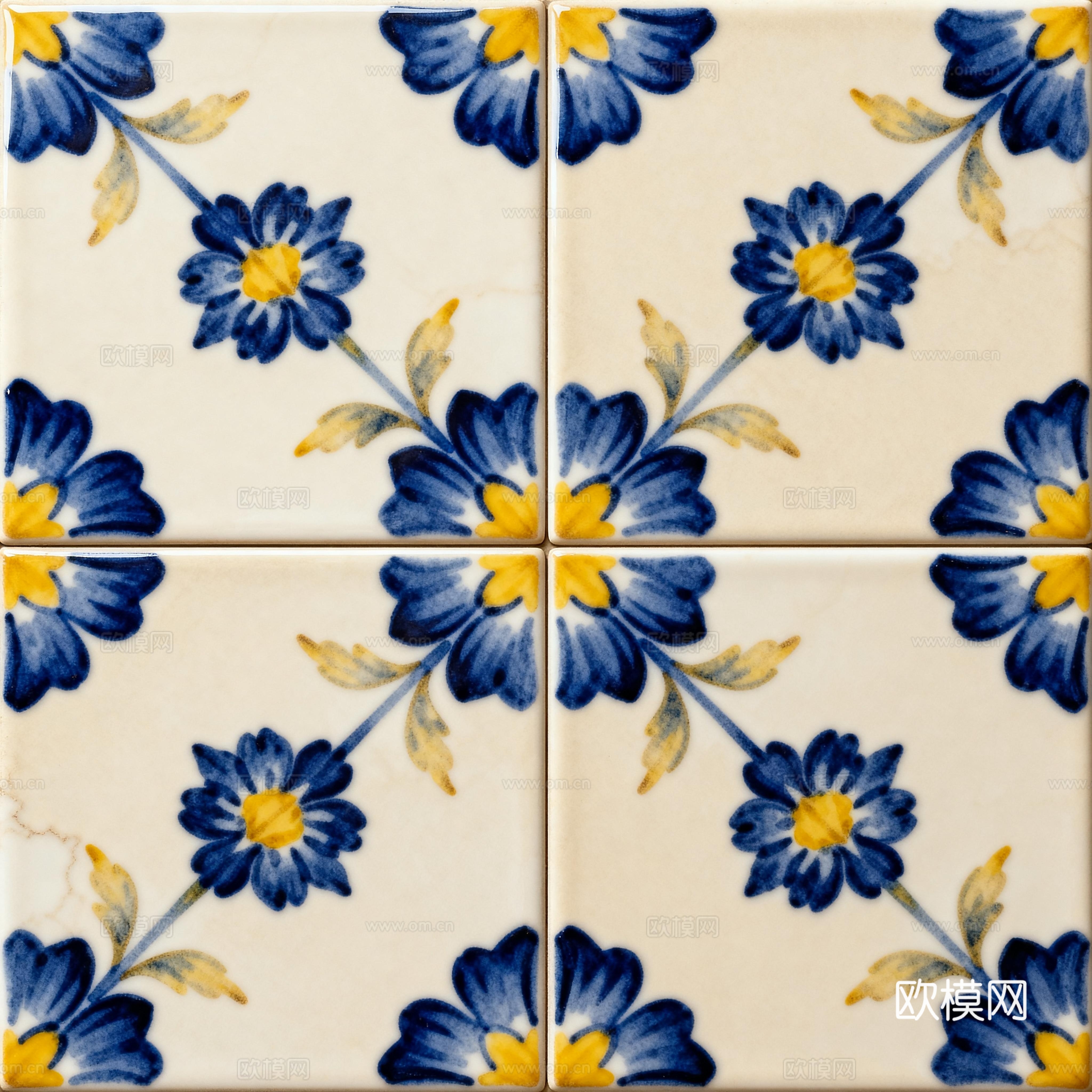 田园风 蓝黄米白色花砖 蓝黄手绘艺术花砖 工艺砖