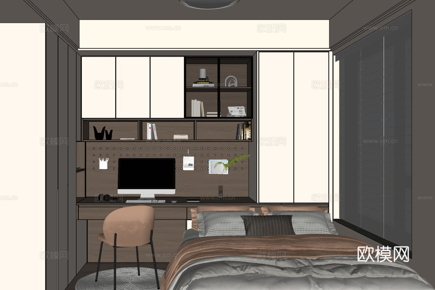 现代榻榻米卧室 衣柜书桌一体 儿童房榻榻米su模型