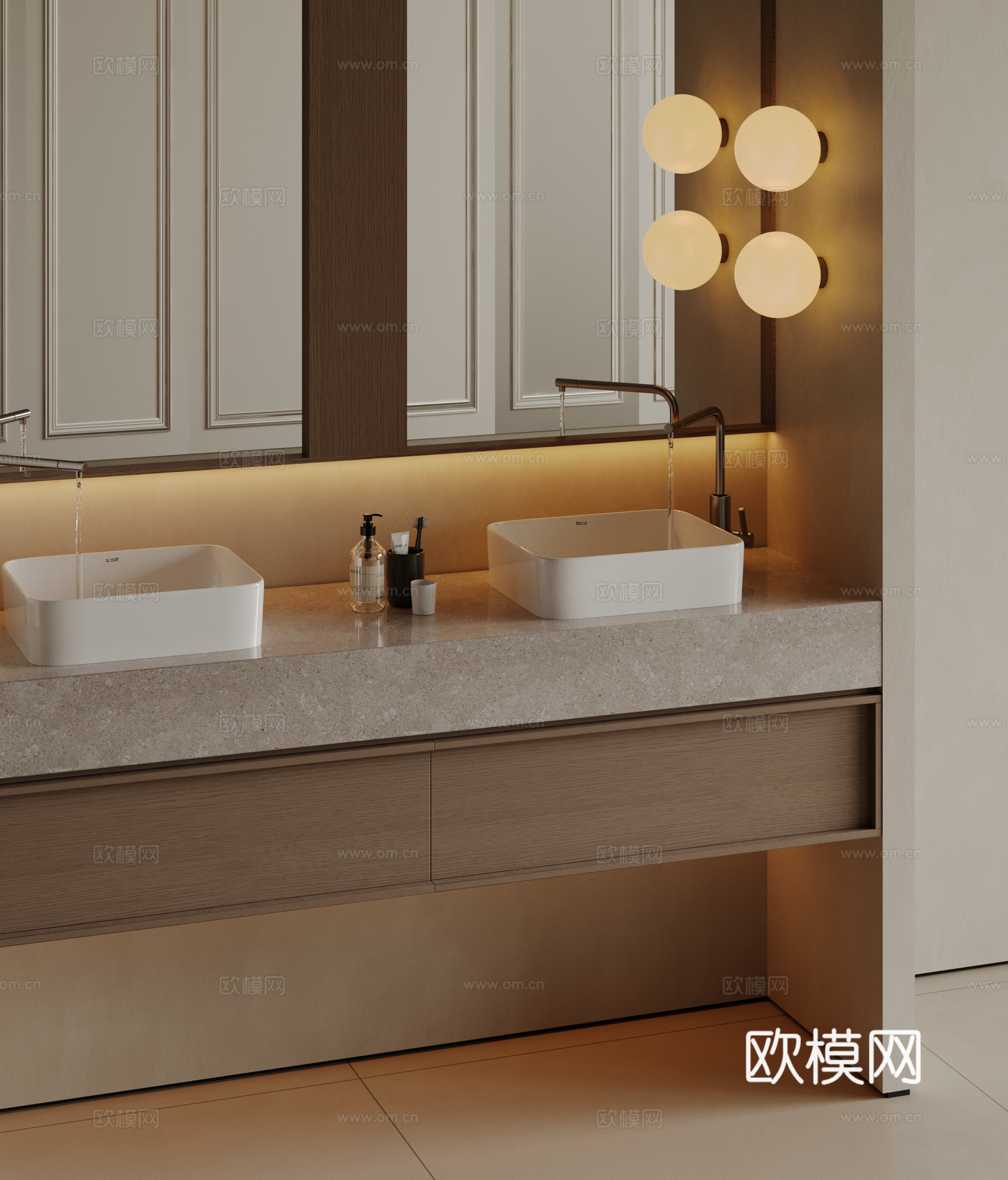 现代极简洗手台 中古浴室柜 台盆柜 装饰品摆件 镜子 卫生间su模型