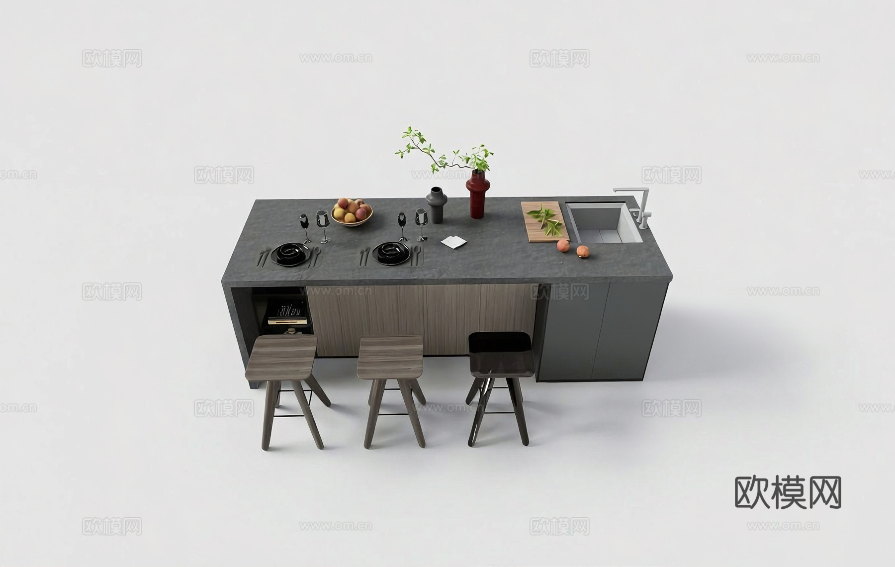 厨房岛台 开放式厨房吧台 厨房中岛 高脚凳吧台凳 餐具果盘花su模型