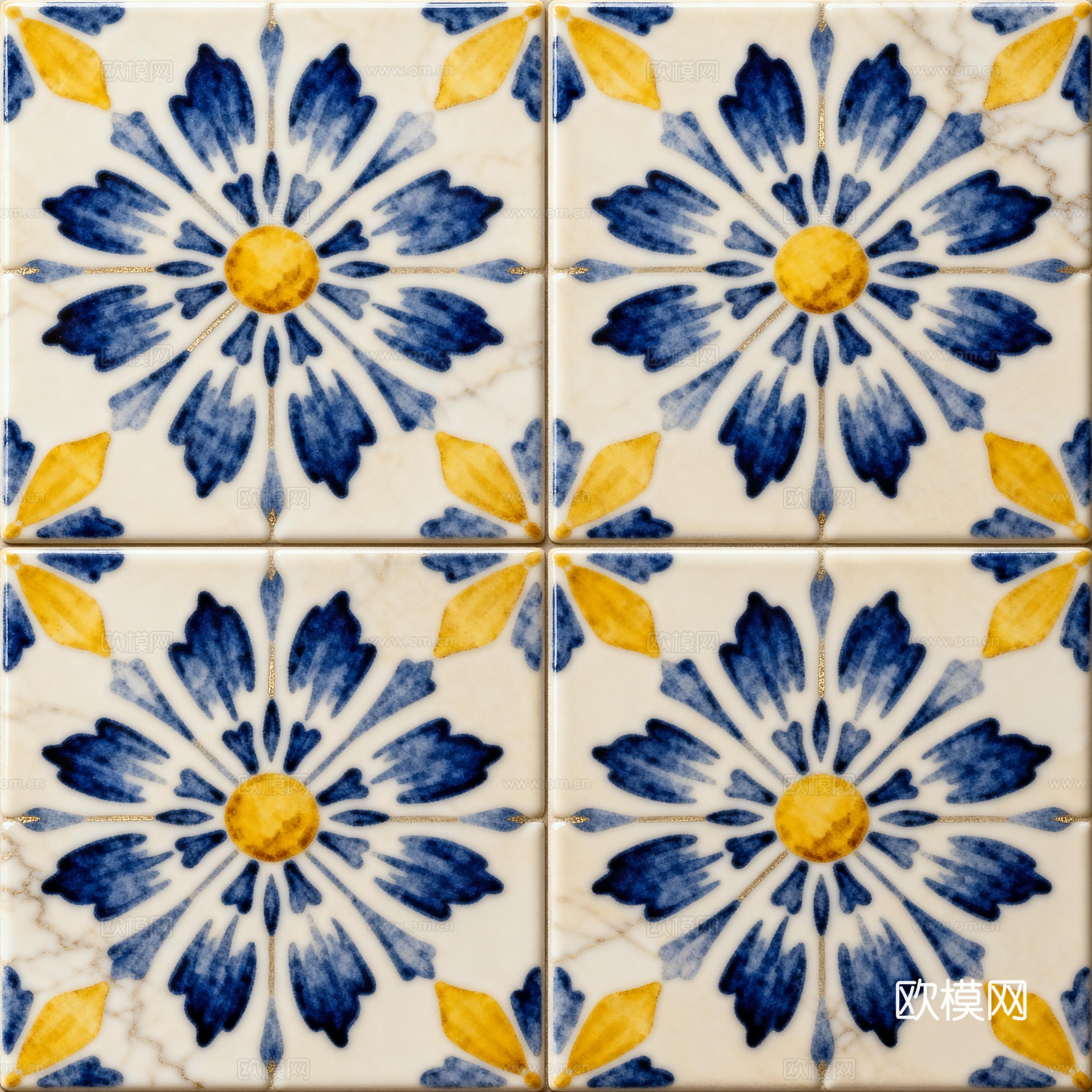 田园风 蓝黄米白色花砖 蓝黄手绘艺术花砖 工艺砖