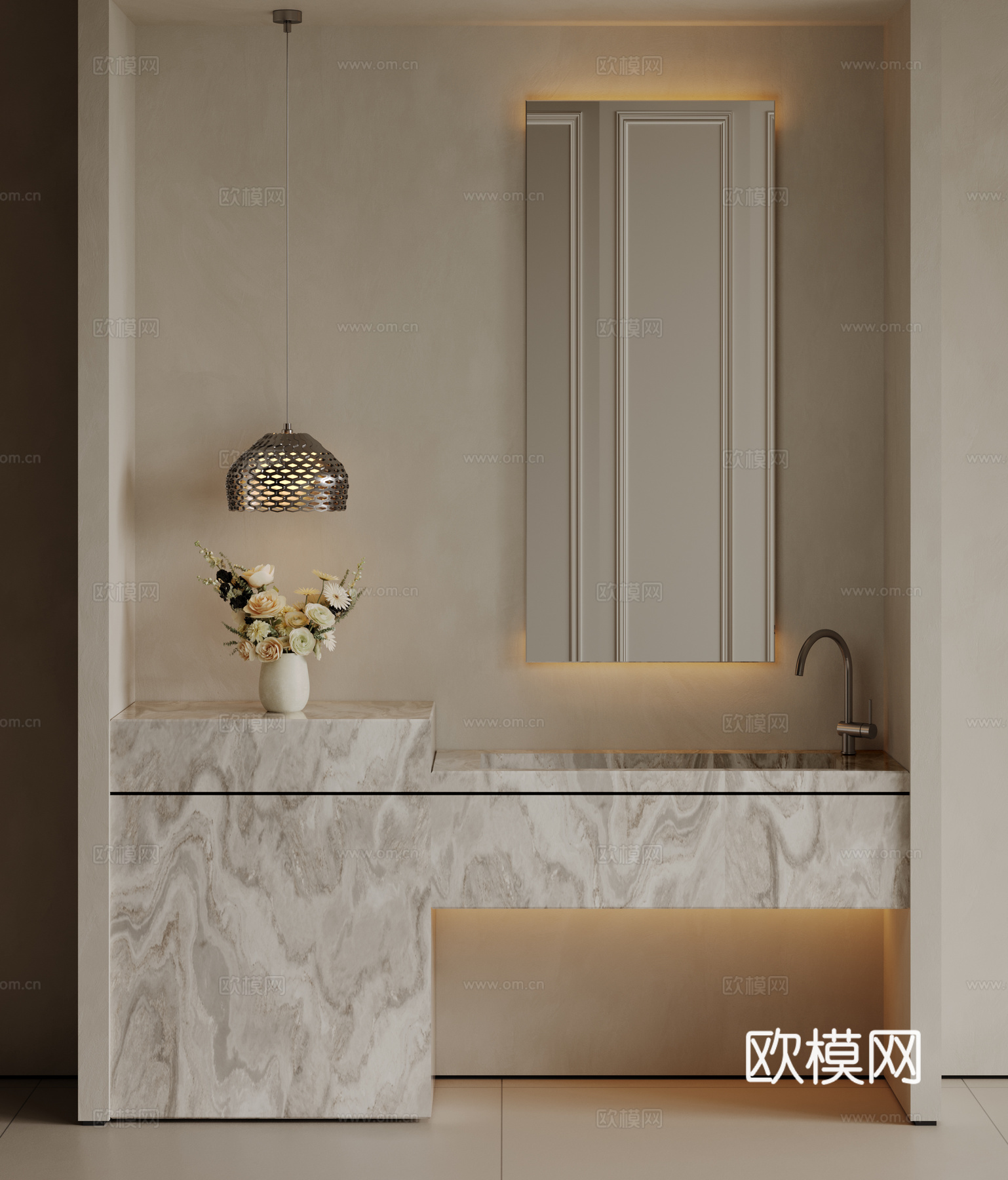 现代极简洗手台 中古浴室柜 台盆柜 装饰品摆件 镜子 卫生间su模型