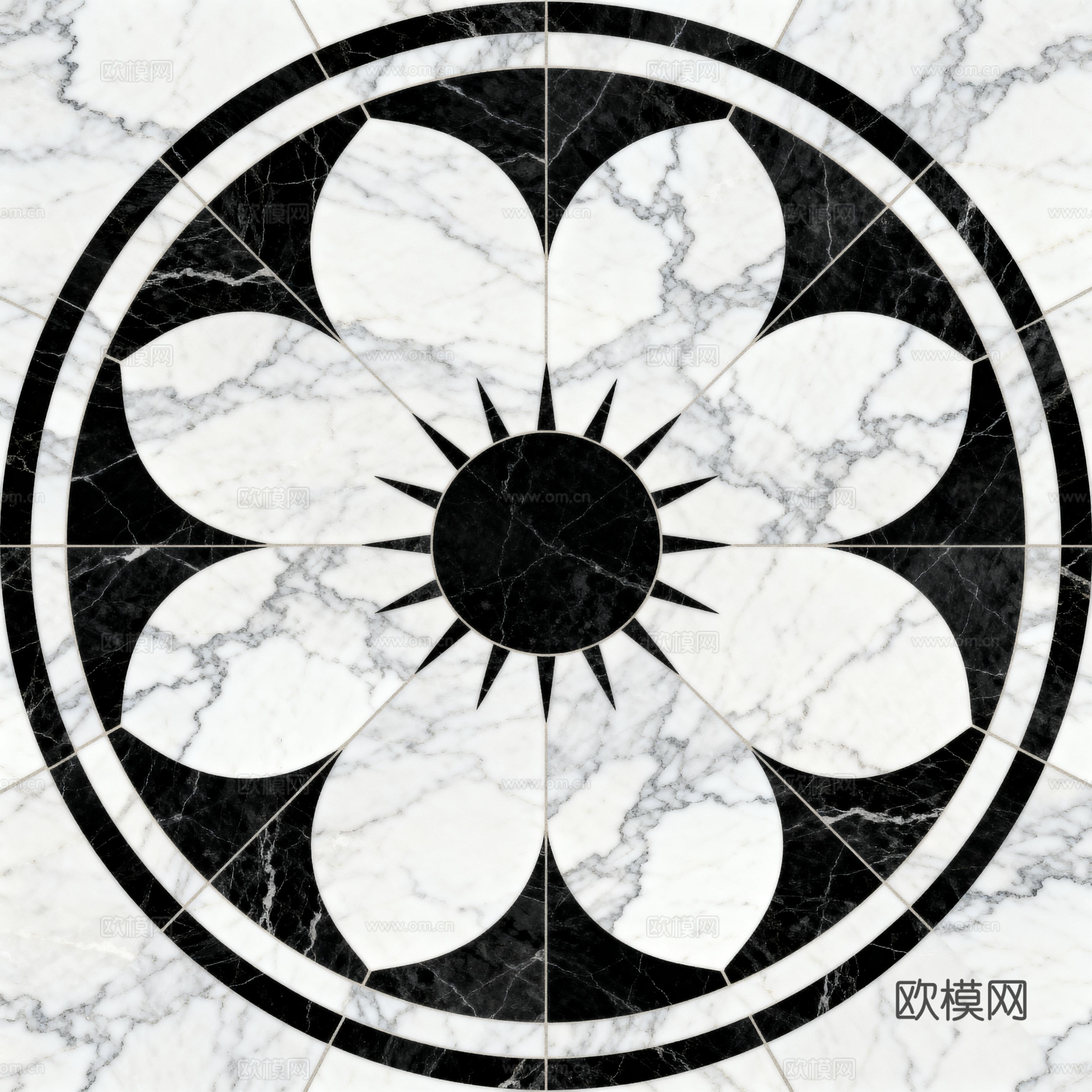 轻奢黑白拼花大理石 黑白石材圆形拼花 玄关圆形拼花