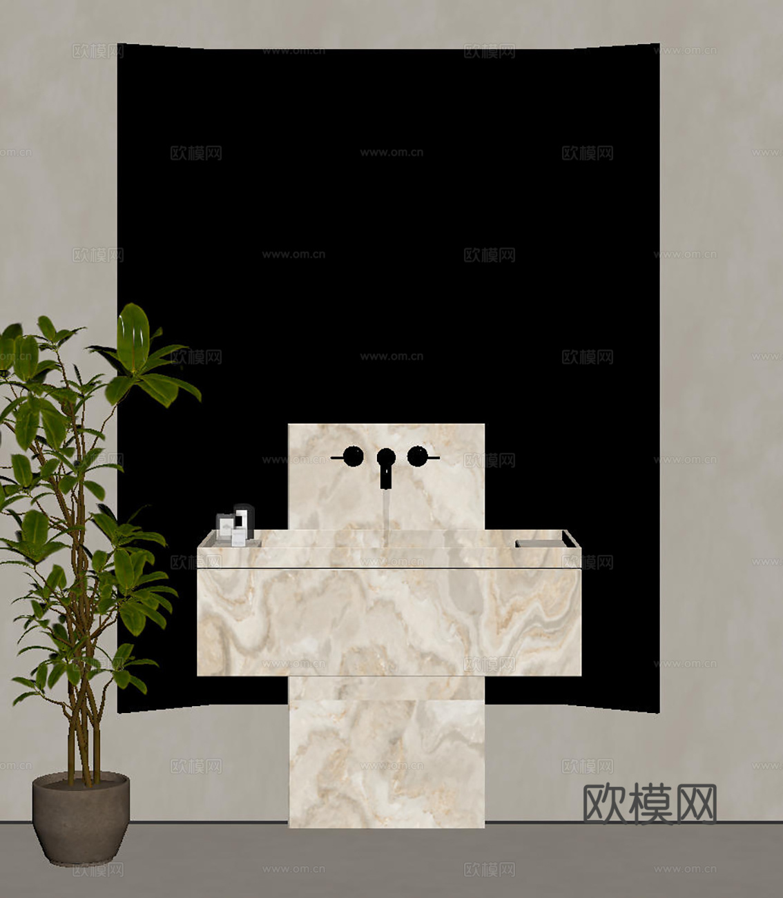 现代极简洗手台 中古浴室柜 台盆柜 装饰品摆件 镜子 卫生间su模型