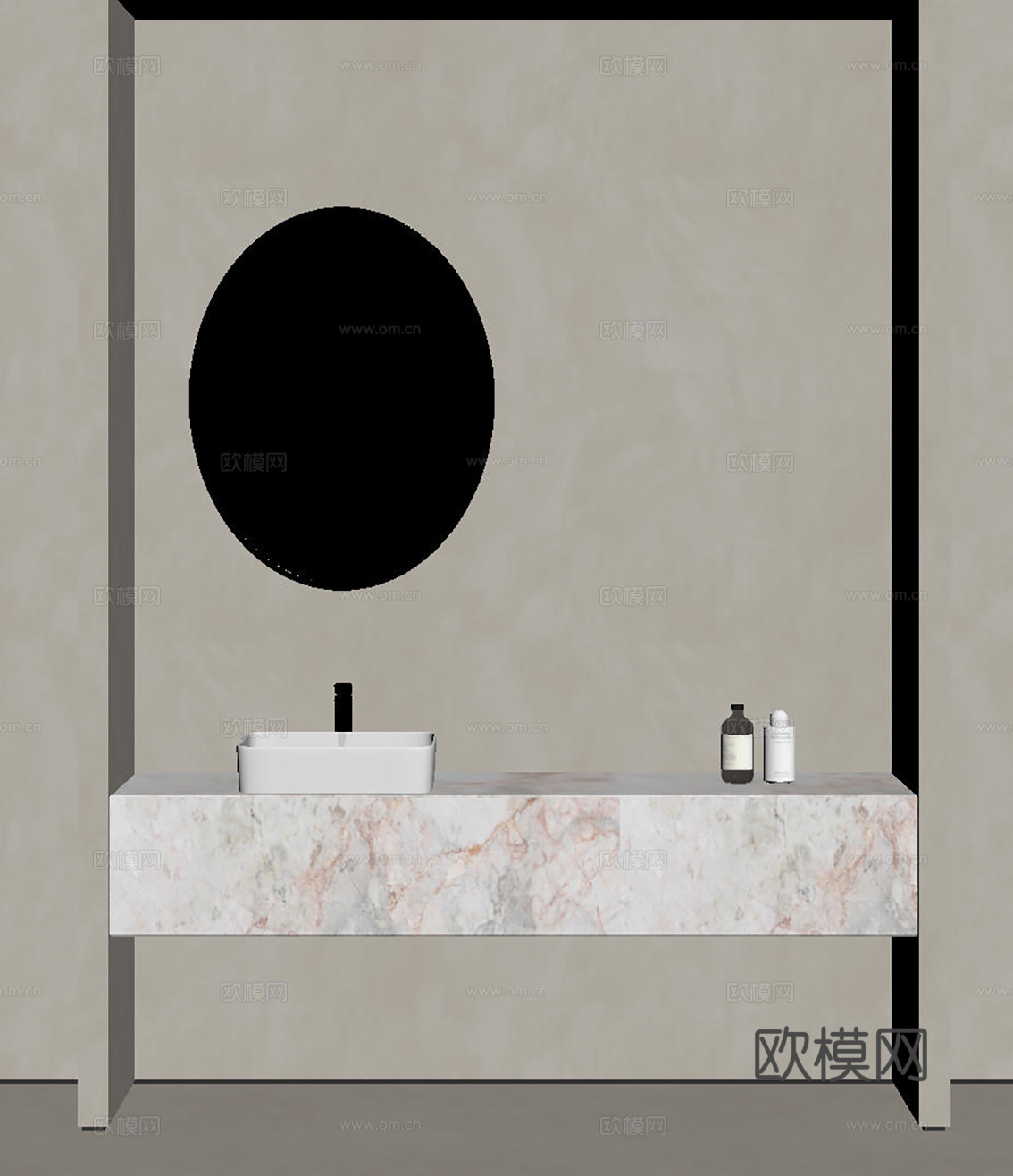 现代极简洗手台 中古浴室柜 台盆柜 装饰品摆件 镜子 卫生间su模型