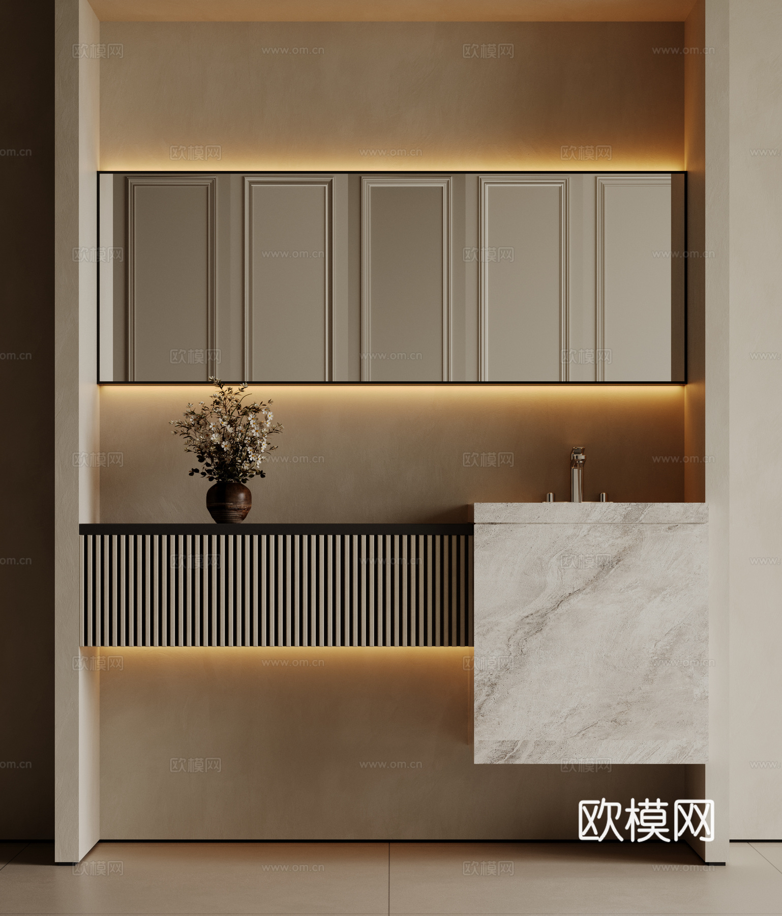 现代极简洗手台 中古浴室柜 台盆柜 装饰品摆件 镜子 卫生间3d模型