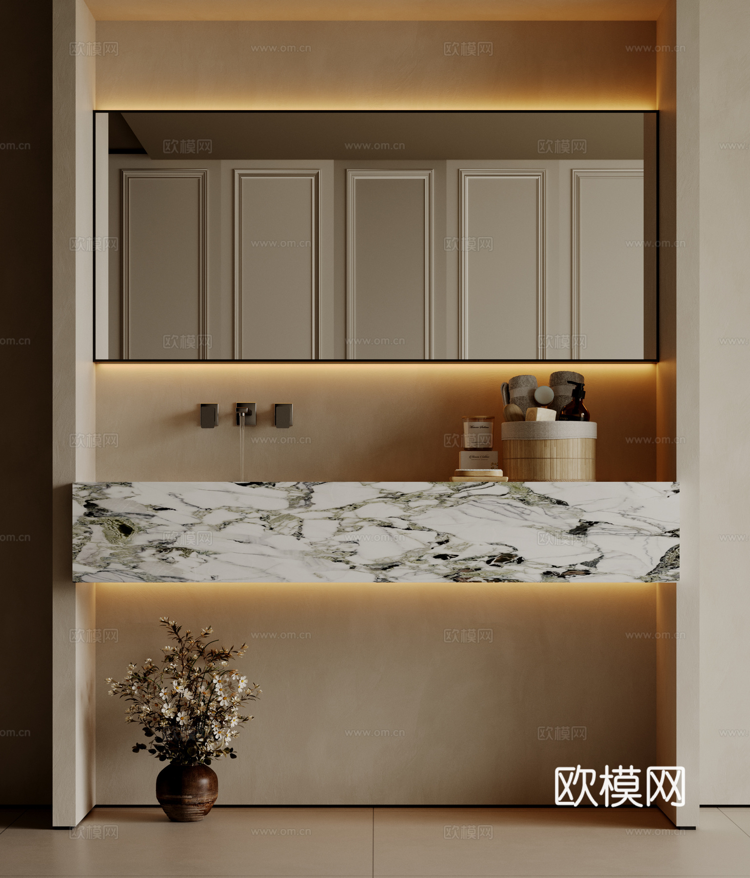 现代极简洗手台 中古浴室柜 台盆柜 装饰品摆件 镜子 卫生间su模型